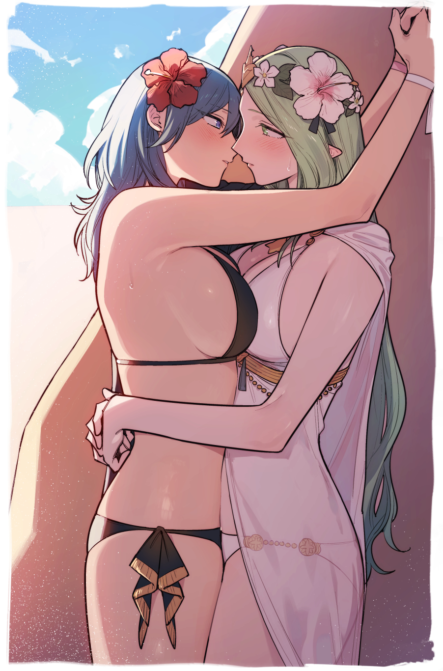 2_girls alluring alternate_costume arms_around_neck arms_around_waist big_breasts bikini black_bikini black_swimsuit blue_eyes blue_hair blush border breast_press breasts byleth_(female) byleth_(fire_emblem) byleth_(summer)_(fire_emblem)_(female) cleavage cloud commentary_request day embrace eye_contact female_only fire_emblem fire_emblem:_three_houses fire_emblem_heroes flower from_side green_eyes green_hair hair_between_eyes hair_flower hair_ornament head_wreath hibiscus high_res higher_resolution_duplicate ikarin imminent_kiss long_hair looking_at_another multiple_girls nintendo official_alternate_costume older_female outside parted_lips pink_flower pointy_ears profile red_flower rhea_(fire_emblem) rhea_(summer)_(fire_emblem) see-through sky sweat swimsuit symmetrical_docking very_long_hair white_bikini white_border white_swimsuit yuri