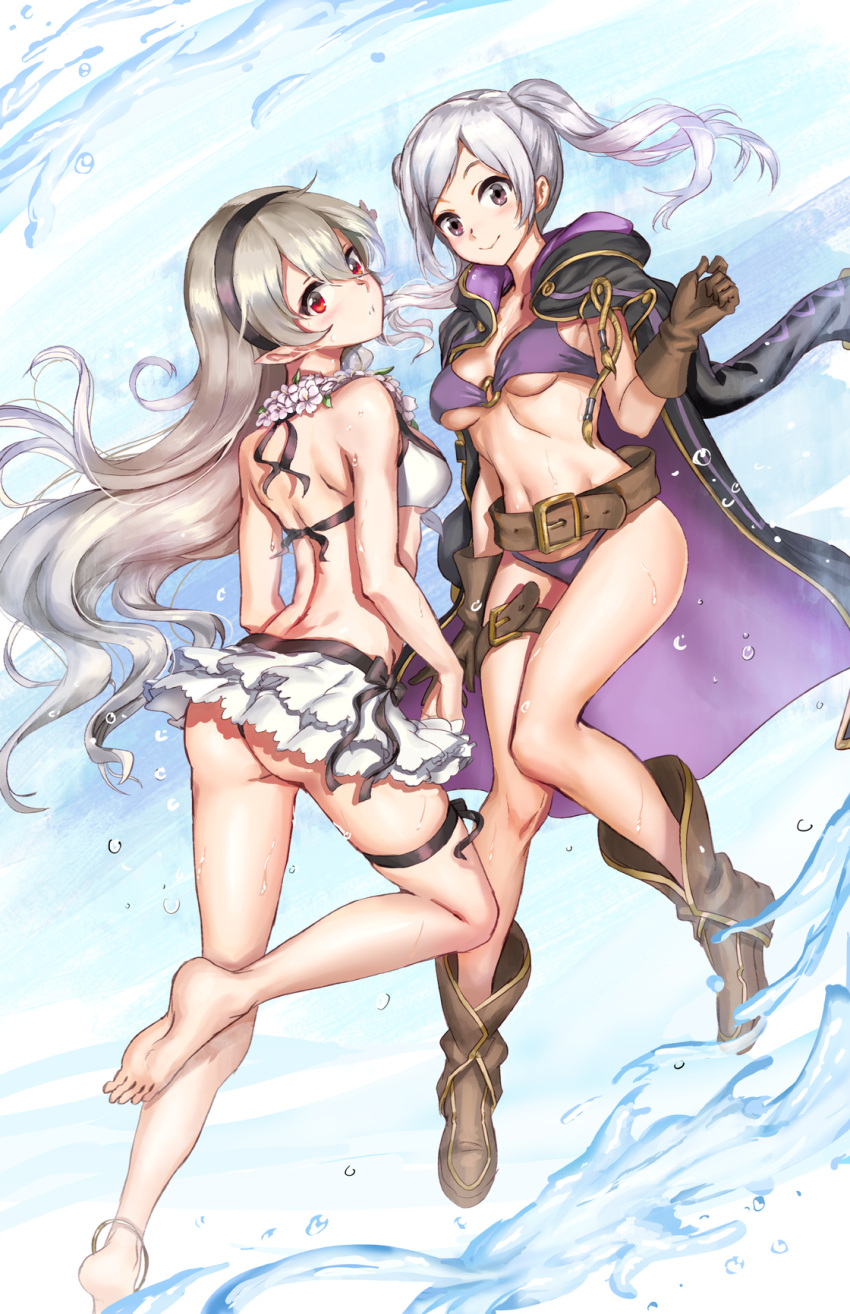 2_girls alluring anklet ass athenawyrm belt belt_skirt bikini bikini_skirt blush boots breasts corrin_(fire_emblem)_(female) corrin_(summer)_(fire_emblem)_(female) fire_emblem fire_emblem_awakening fire_emblem_fates fire_emblem_heroes gloves hairband hood jewelry long_hair looking_at_viewer medium_breasts multiple_girls nintendo o-ring o-ring_bikini official_alternate_costume orrin_(fire_emblem) pointy_ears red_eyes robin_(fire_emblem) robin_(fire_emblem)_(female) smile swimsuit thigh_strap under_boob water white_hair yellow_eyes