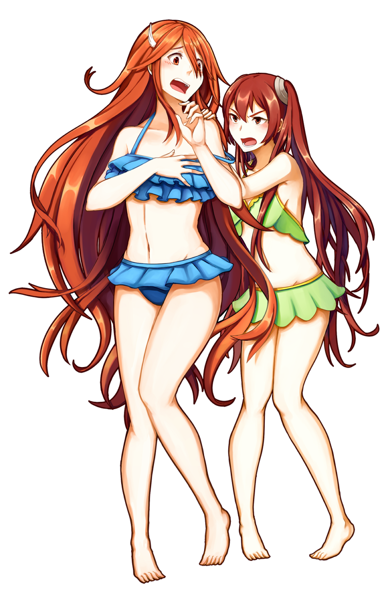 2_girls alluring barefoot bikini bikini_skirt blue_bikini blush brown_eyes brown_hair cordelia_(fire_emblem) feathers fire_emblem fire_emblem_awakening frilled_bikini frills full_body green_bikini groin hair_ornament height_difference linea_alba long_hair mother_&amp;_daughter multiple_girls navel nintendo open_mouth pokey_(artist) red_eyes red_hair severa_(fire_emblem) standing strap_slip swimsuit transparent_background twin_tails v-shaped_eyebrows very_long_hair