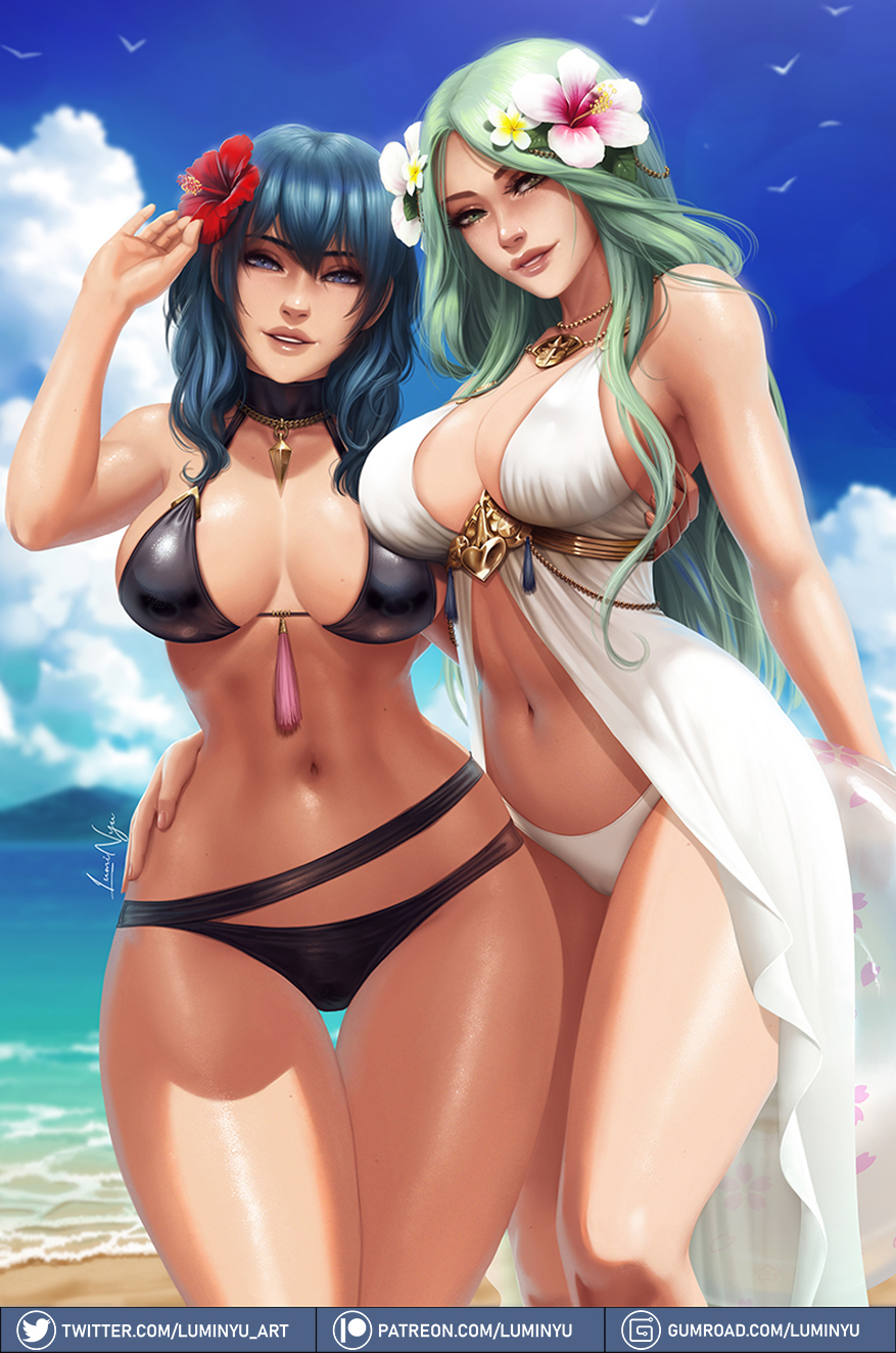 2021 2_girls alluring alternate_costume arm_around_waist artist_signature bare_legs beach big_breasts bikini black_bikini black_swimsuit blue_hair blue_sky breasts byleth_(female) byleth_(fire_emblem) cameltoe cleavage cropped_legs female_focus female_only fire_emblem fire_emblem:_three_houses fire_emblem_heroes flower flower_hair_ornament flower_in_hair green_eyes green_hair gumroad_logo gumroad_username hair_flower hair_ornament high_res hips holding_object hourglass_figure huge_breasts innertube jewelry lips long_hair looking_at_viewer luminyu medium_hair multiple_girls naughty_face navel necklace nintendo official_alternate_costume outside parted_lips patreon_logo patreon_username purple_eyes red_flower rhea_(fire_emblem) rhea_(summer)_(fire_emblem) sand seagull shiny_skin slim_waist smile smiling_at_viewer stomach suggestive_look swimsuit thick_lips thick_thighs thigh_gap thighs toned twitter_logo twitter_username water white_bikini white_clothing white_swimsuit wide_hips