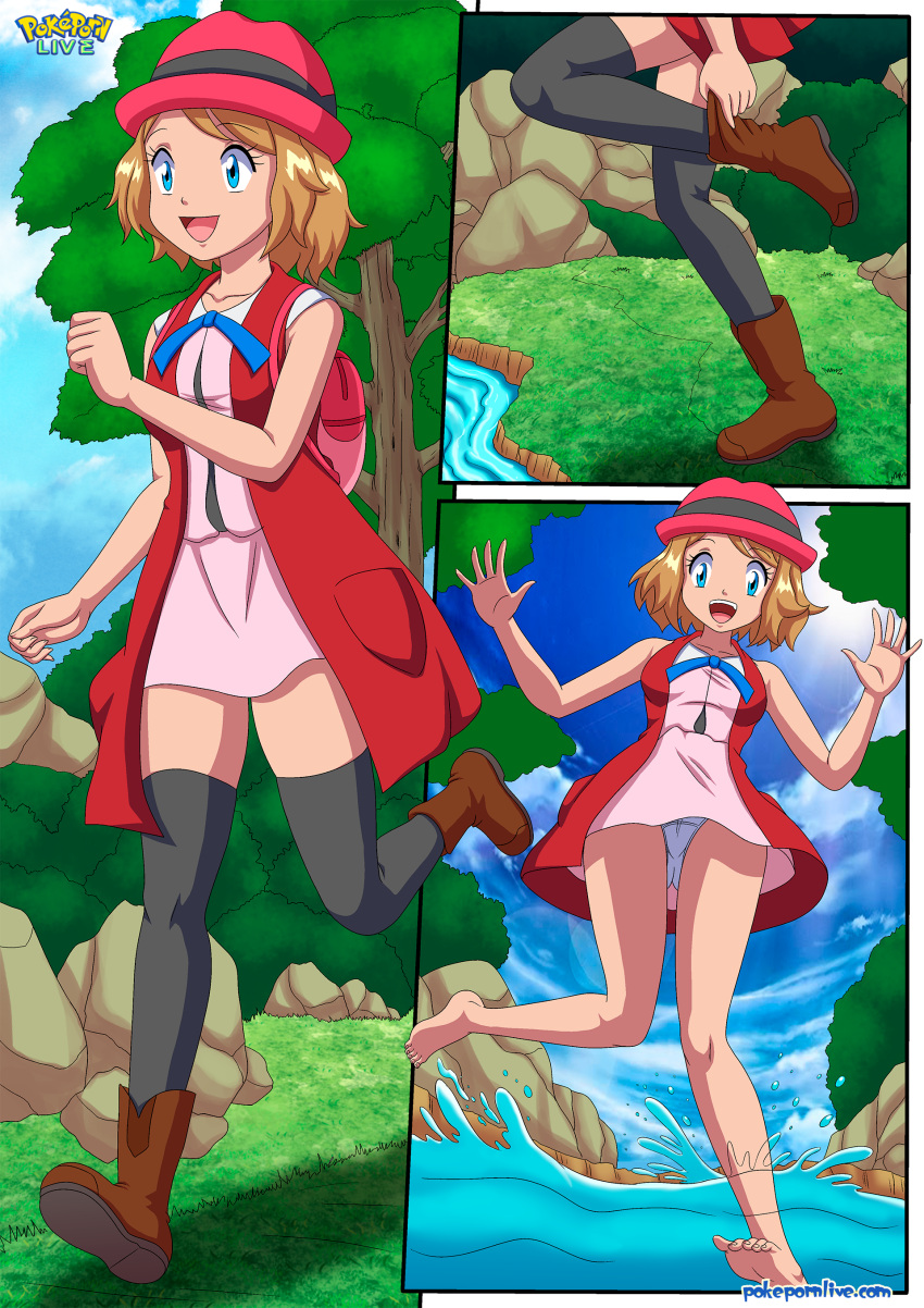 a_hot_break_on_the_forest_(comic) bbmbbf blonde_hair brown_eyes comic creatures_(company) game_freak humans_of_pokemon light-skinned_female nintendo palcomix panties pokemon_(anime) pokemon_(game) pokemon_xy pokepornlive porkyman river serena_(pokemon)