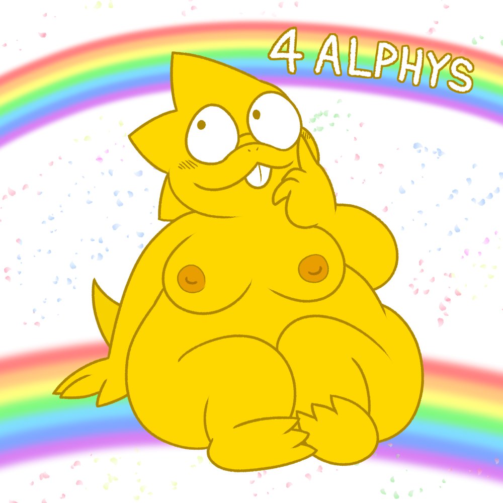 1_girl 1girl alphys anthro anthro_only breasts buckteeth detailed_background eyewear fat_female female female_only glasses looking_up nipples nishi_oxnard rainbow reptile round_glasses scales scalie sitting smile solo solo_female teeth text undertale undertale_(series) yellow_body yellow_scales yellow_skin