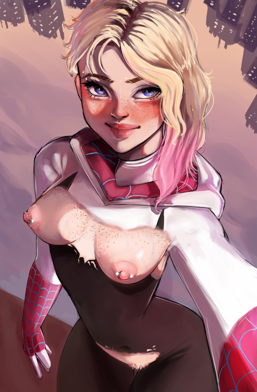 1girl big_ass gwen_stacy gwen_stacy_(spider-verse) marvel moisty_boo nipple_piercing nipples ripped_clothing selfie_pose selfpic skin_tight small_breasts sony_pictures_animation spider-gwen spider-man:_into_the_spider-verse spider-man_(series) teen teenage_girl tight_clothing tights