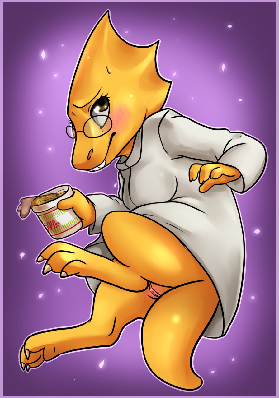 1_girl 1girl 2015 alphys alphys_(undertale) anthro anthro_only blush bottomless brown_eyes clothing cup_noodles dinosaur eyewear female female_anthro female_only food glasses gradient_background lab_coat lizard monster pon3splash purple_background pussy reptile scalie simple_background solo solo_female sweat teeth undertale undertale_(series) video_games yellow_body yellow_skin