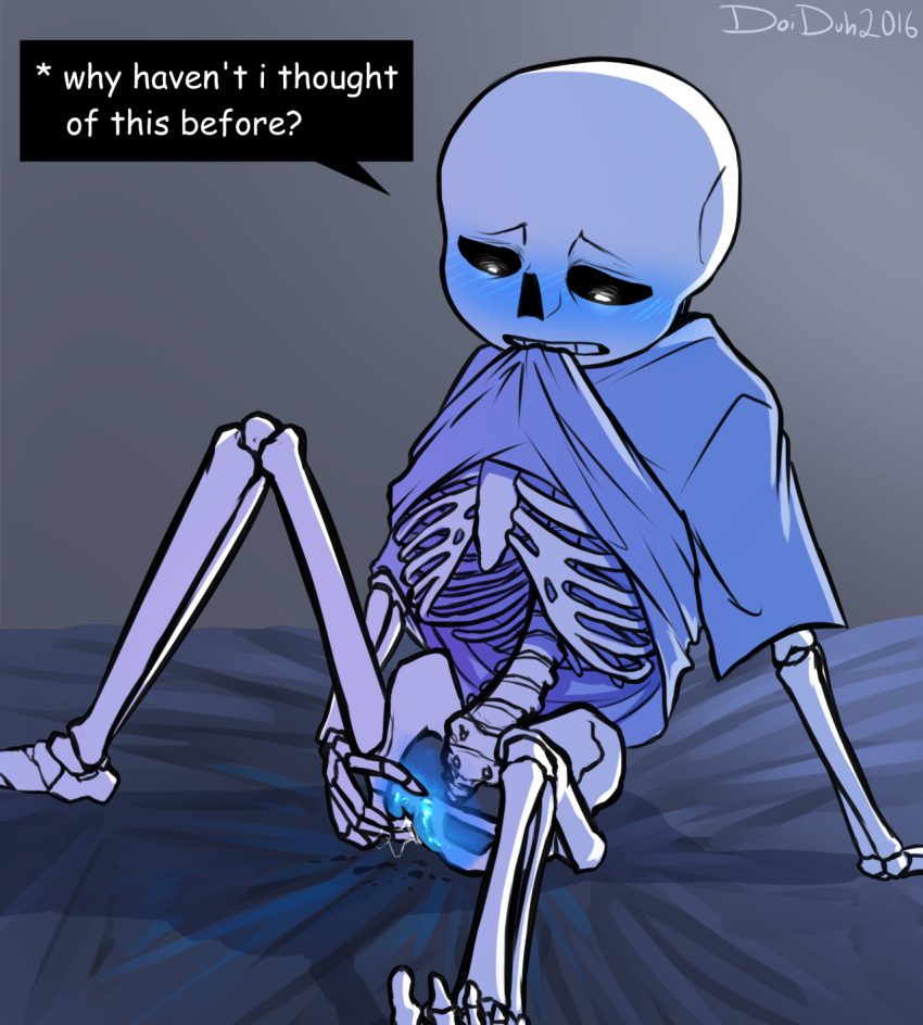 2016 animated_skeleton bed biting_clothes biting_shirt blue_blush blue_pussy blush bottomless comic_sans cuntboy doiduh ectopussy english_text fingering fingering_self gradient_background grey_background masturbation on_bed pussy sans sans_(undertale) sansussy shirt_only shirt_up sitting sitting_on_bed skeleton text undertale undertale_(series) vaginal_masturbation