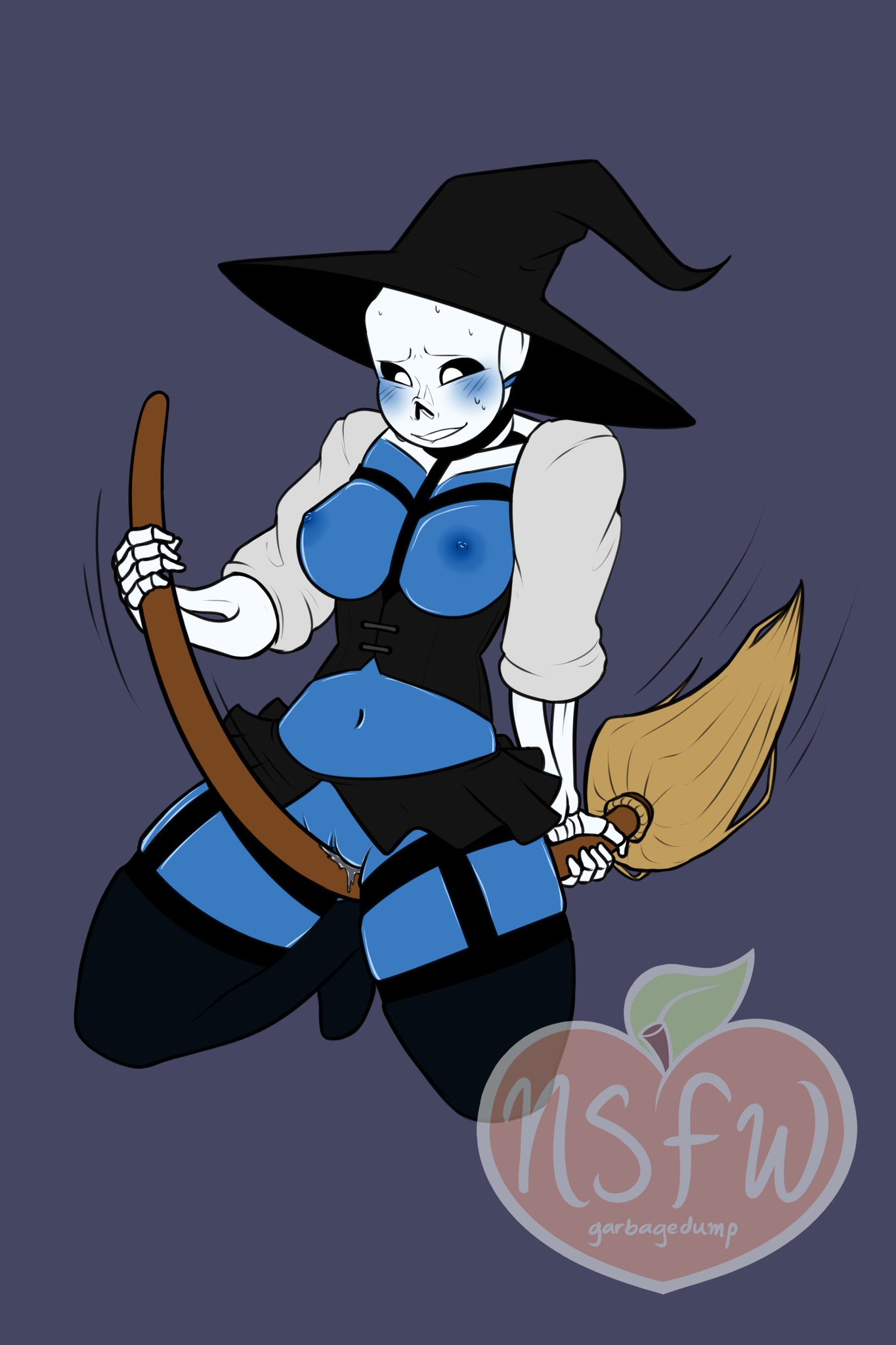 animated_skeleton artist_name belly_button blue_background blue_blush blue_body blue_breasts blue_pussy blush breasts broom broom_riding broomstick ectobody ectopussy female female_only genderswap genderswap_(mtf) grinding looking_down navel nipples nsfwgarbagedump_(artist) pussy rule63 sans sans_(undertale) simple_background skeleton solid_color_background solo sweat undertale undertale_(series) witch_costume witch_hat