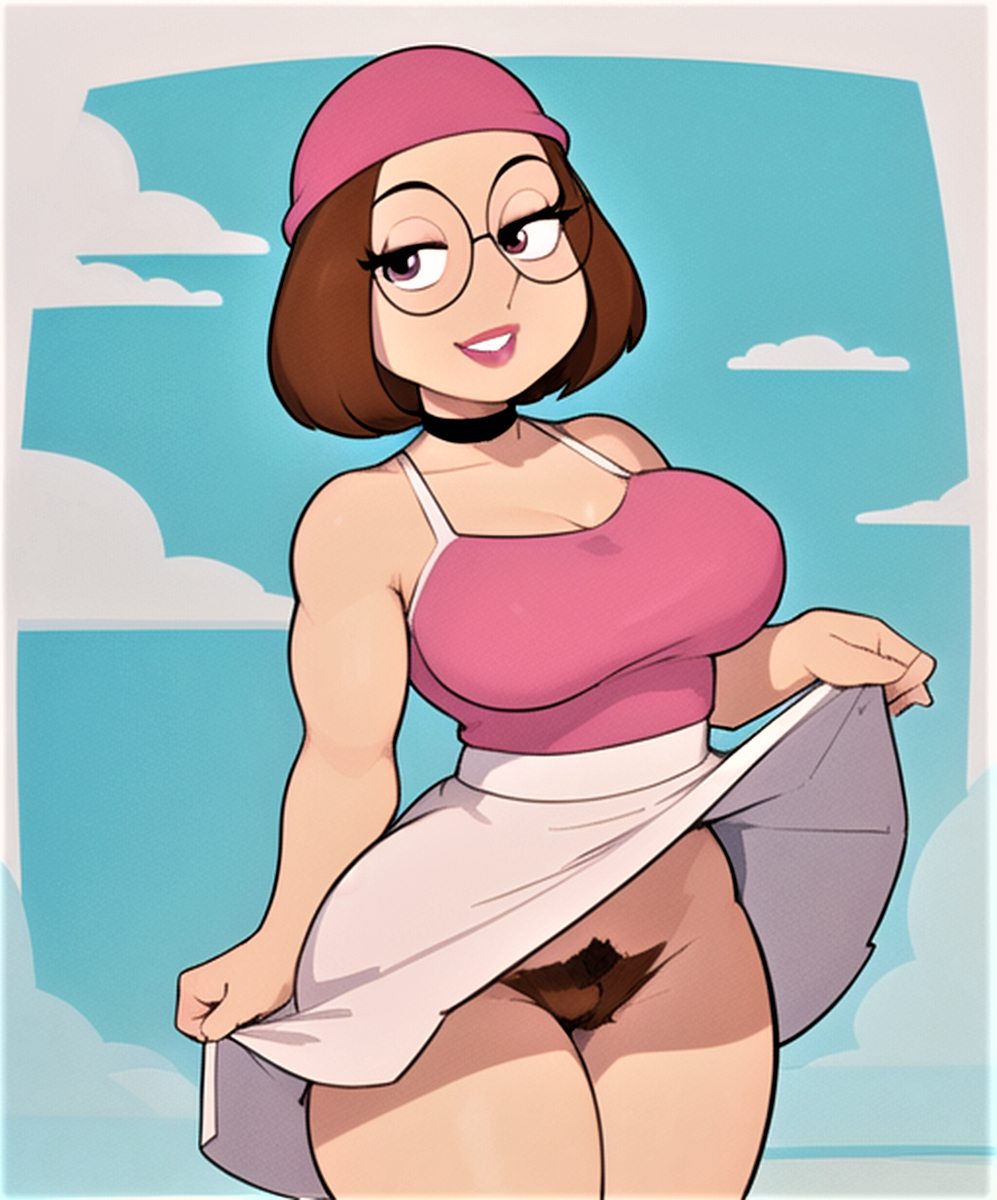 family_guy flashing glasses hat meg_griffin no_panties pubic_hair pussy skirt_lift thighs