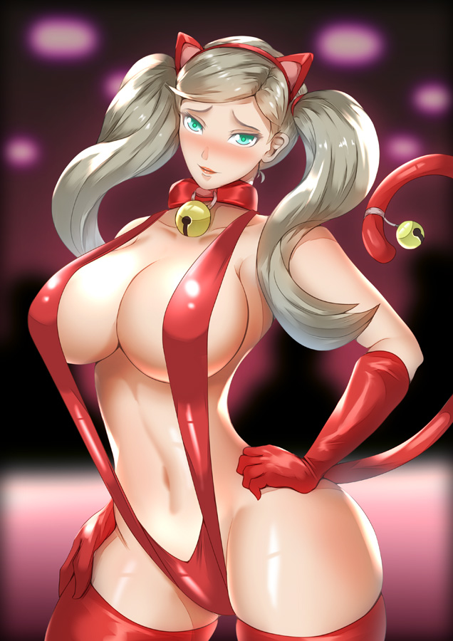 1girl alluring ann_takamaki bell bell_collar bell_on_tail big_breasts blonde_hair blue_eyes breasts cat_ears cat_tail collar fake_animal_ears fake_tail gloves hand_on_hip haryu_(artist) haryudanto hypnosis looking_at_viewer midriff mind_control navel one-piece_swimsuit persona persona_5 red_one-piece_swimsuit red_sling_bikini red_swimsuit sling_bikini slingshot_swimsuit stockings swimsuit tail_bell twin_tails