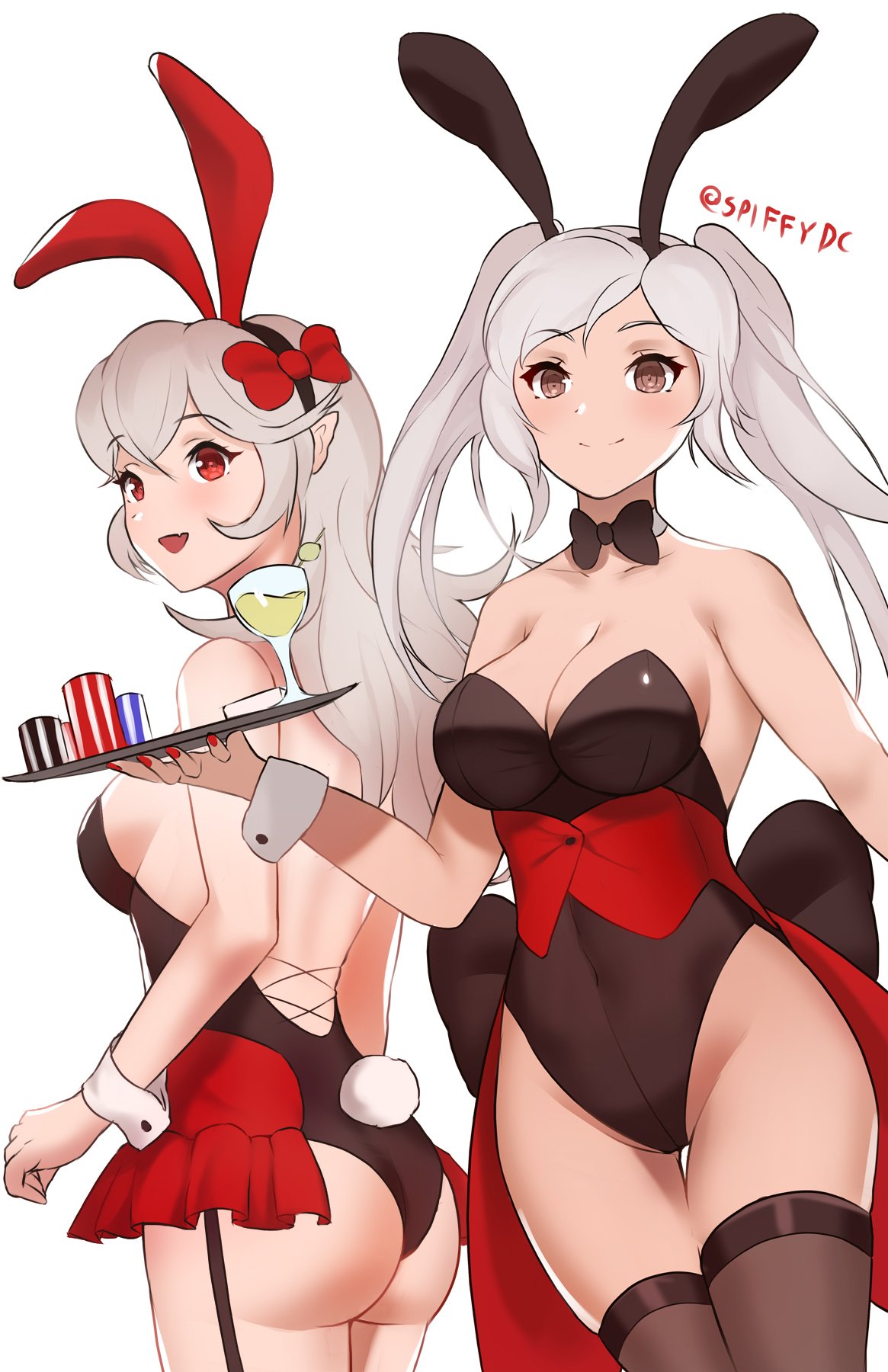 2_girls alluring alternate_costume animal_ears breasts brown_eyes choker cleavage closed_mouth corrin_(fire_emblem) corrin_(fire_emblem)_(female) cup drinking_glass fake_animal_ears fire_emblem fire_emblem_awakening fire_emblem_fates high_res holding holding_tray leotard long_hair multiple_girls nail_polish nintendo open_mouth playboy_bunny pointy_ears rabbit_ears red_eyes robin_(fire_emblem) robin_(fire_emblem)_(female) sideboob simple_background smile spiffydc stockings tray twin_tails twitter_username white_background white_hair wine_glass wrist_cuffs
