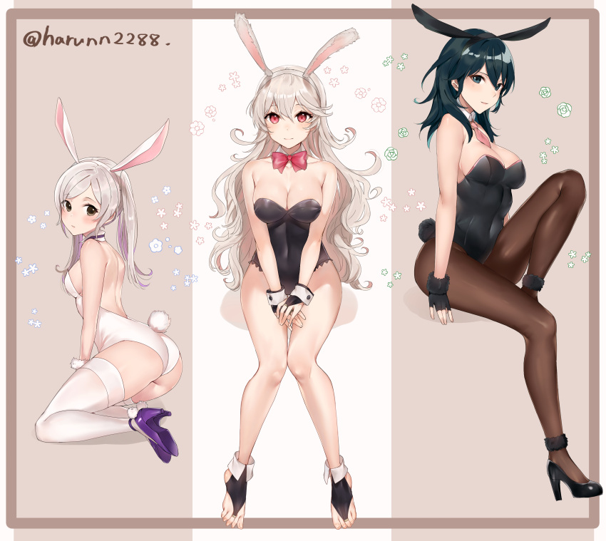 absurd_res alluring alternate_costume animal_ears ass backless_leotard bare_legs bare_shoulders black_eyes black_footwear black_gloves black_hair black_hairband black_leotard blush border bow bowtie breasts bridal_gauntlets bridal_legwear brown_border brown_eyes brown_legwear byleth_(female) byleth_(fire_emblem) byleth_(fire_emblem)_(female) cleavage closed_mouth collarbone corrin_(fire_emblem) corrin_(fire_emblem)_(female) covered_navel detached_collar fake_animal_ears fake_tail fire_emblem fire_emblem:_three_houses fire_emblem_awakening fire_emblem_fates flower fur-trimmed_gloves fur_trim gloves hairband haru_(nakajou-28) high_heels high_res invisible_chair kneel leotard long_hair looking_at_viewer looking_back medium_breasts neck_tie nintendo own_hands_together pantyhose parted_lips pink_necktie playboy_bunny purple_footwear rabbit_ears rabbit_tail red_bow red_bowtie red_eyes robin_(fire_emblem) sideboob silver_hair sitting smile stockings tail twin_tails twitter_username two-tone_background white_flower white_hairband white_legwear white_leotard