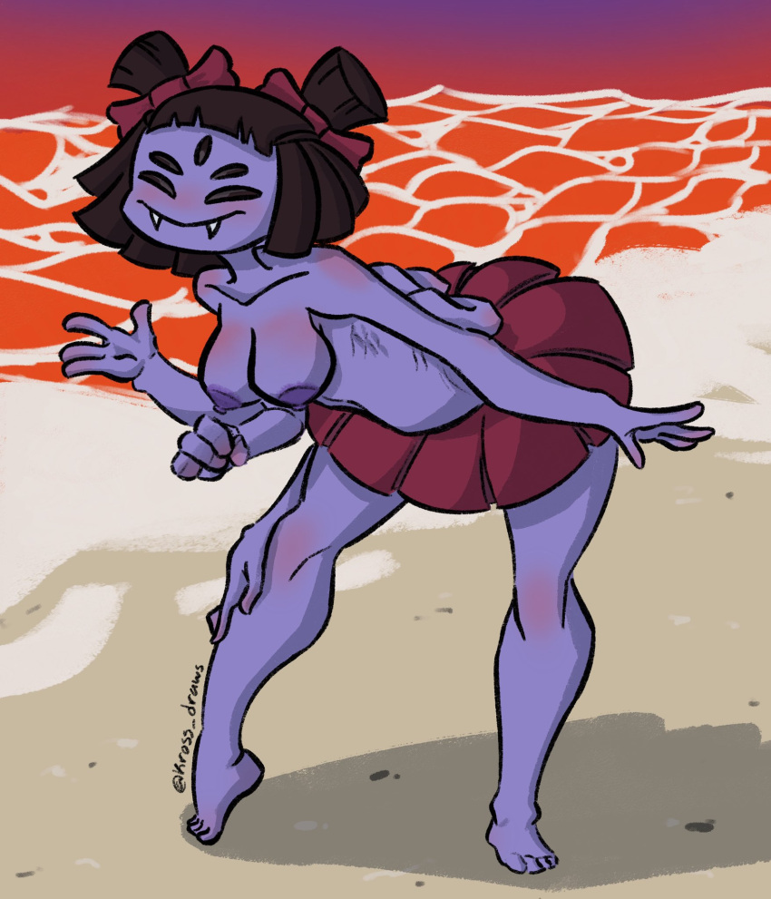 1girl 2d 4_fingers 5_eyes 6_arms alternate_version_available anthro anthro_only arachnid arms_behind_back ass beach bikini_skirt breasts fangs female_only full_body hand_on_own_leg kross_draws muffet multiple_arms nipples partially_clothed partially_nude purple-skinned_female purple_body purple_skin red_skirt skirt smug solo_female spider standing topless undertale undertale_(series)