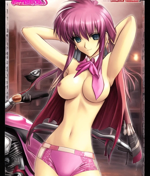 1girl cravat motorcycle pink pink_cravat pink_hair pink_motorcycle pink_panties pink_underwear topless topless_(female) topless_female