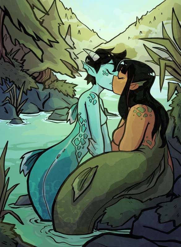 2_girls christy_(my_dragon_gf) dani_(my_dragon_gf) fawnduu kissing lesbian_couple lesbian_kiss mermaid my_dragon_girlfriend topless webtoon