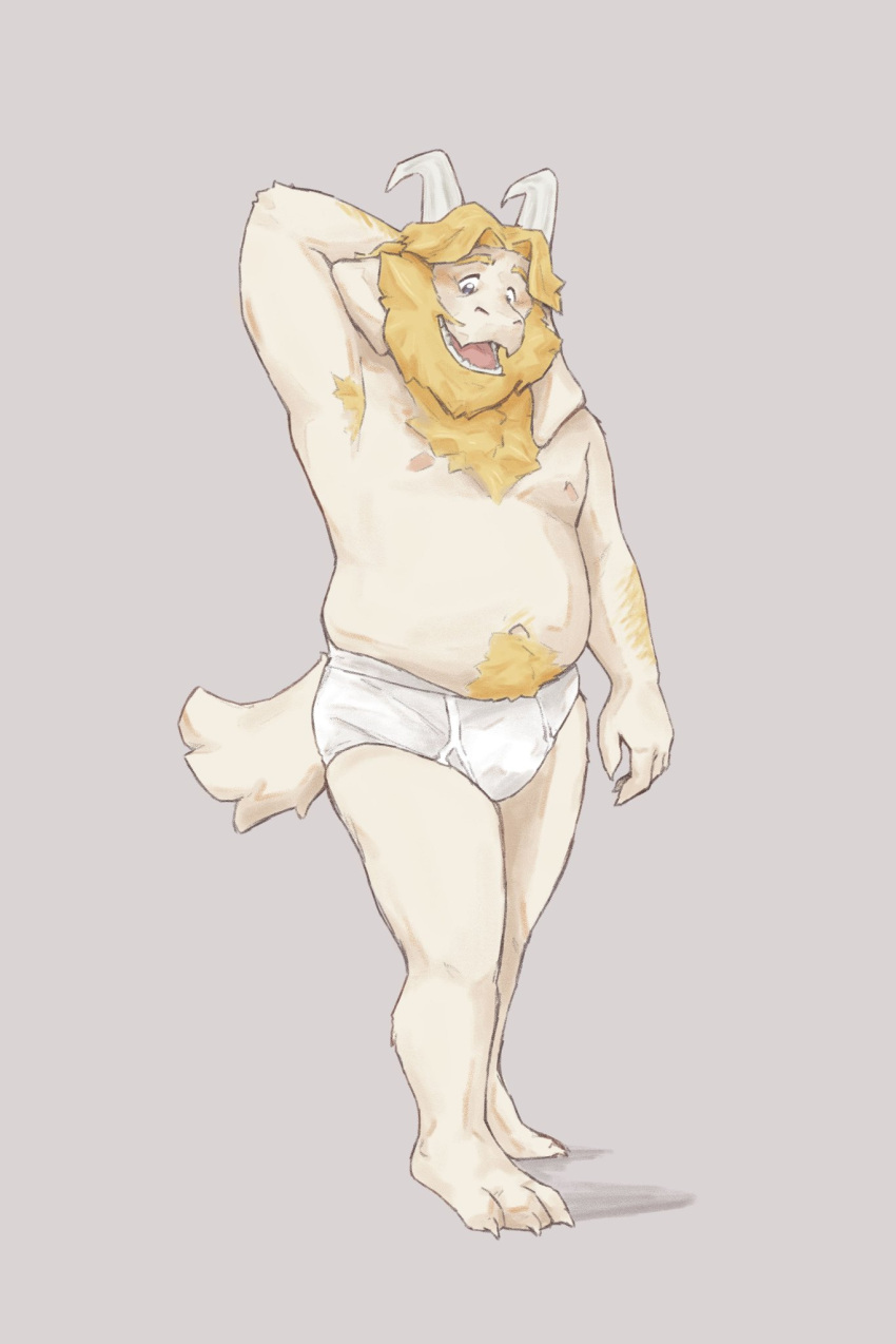 anthro anthro_only asgore_dreemurr beard boss_monster briefs caprine chubby chubby_male goat hand_behind_head horns looking_down male male_anthro male_only professor_fluff simple_background solid_color_background solo_male topless undertale undertale_(series) underwear underwear_only white_briefs white_fur white_underwear yellow_hair