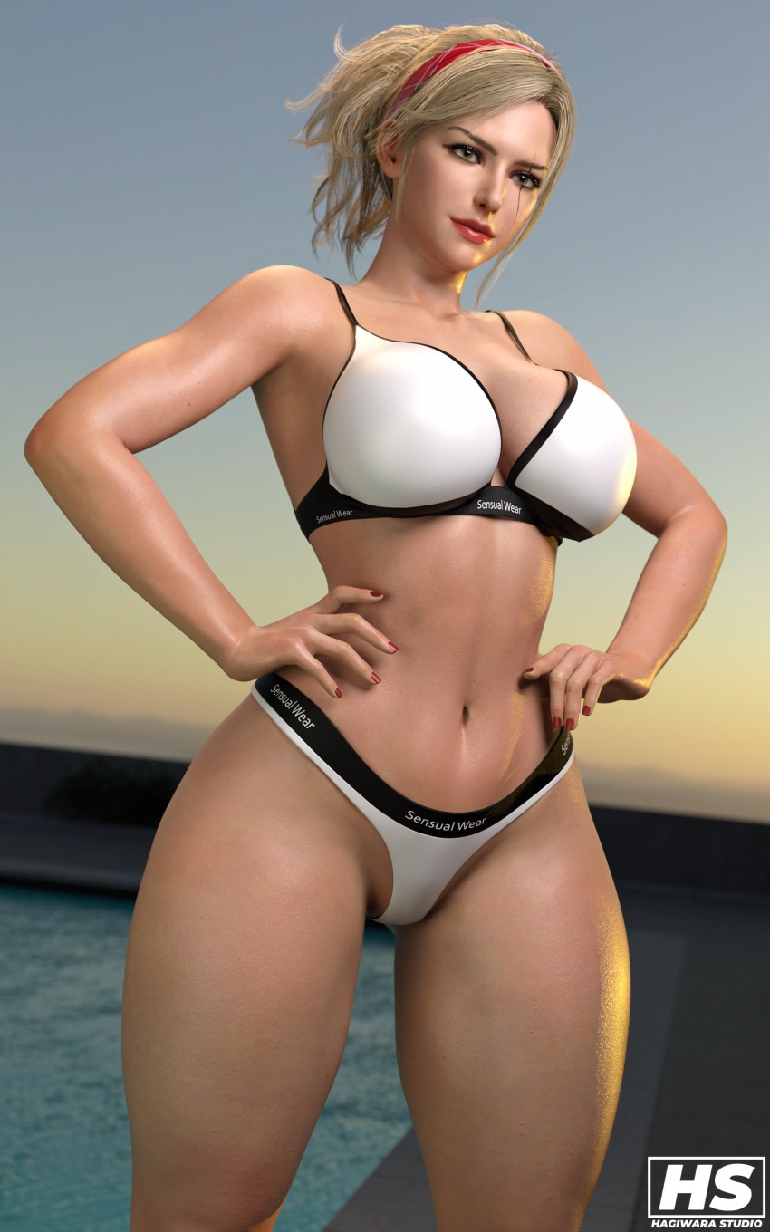 1girl 3d alluring athletic_female big_breasts blonde_hair duo_gale female_abs female_only fit_female hagiwara_studio headband high_res high_resolution lidia_sobieska namco polish ponytail prime_minister sports_bra sportswear swimming_pool tekken thick_thighs twitter