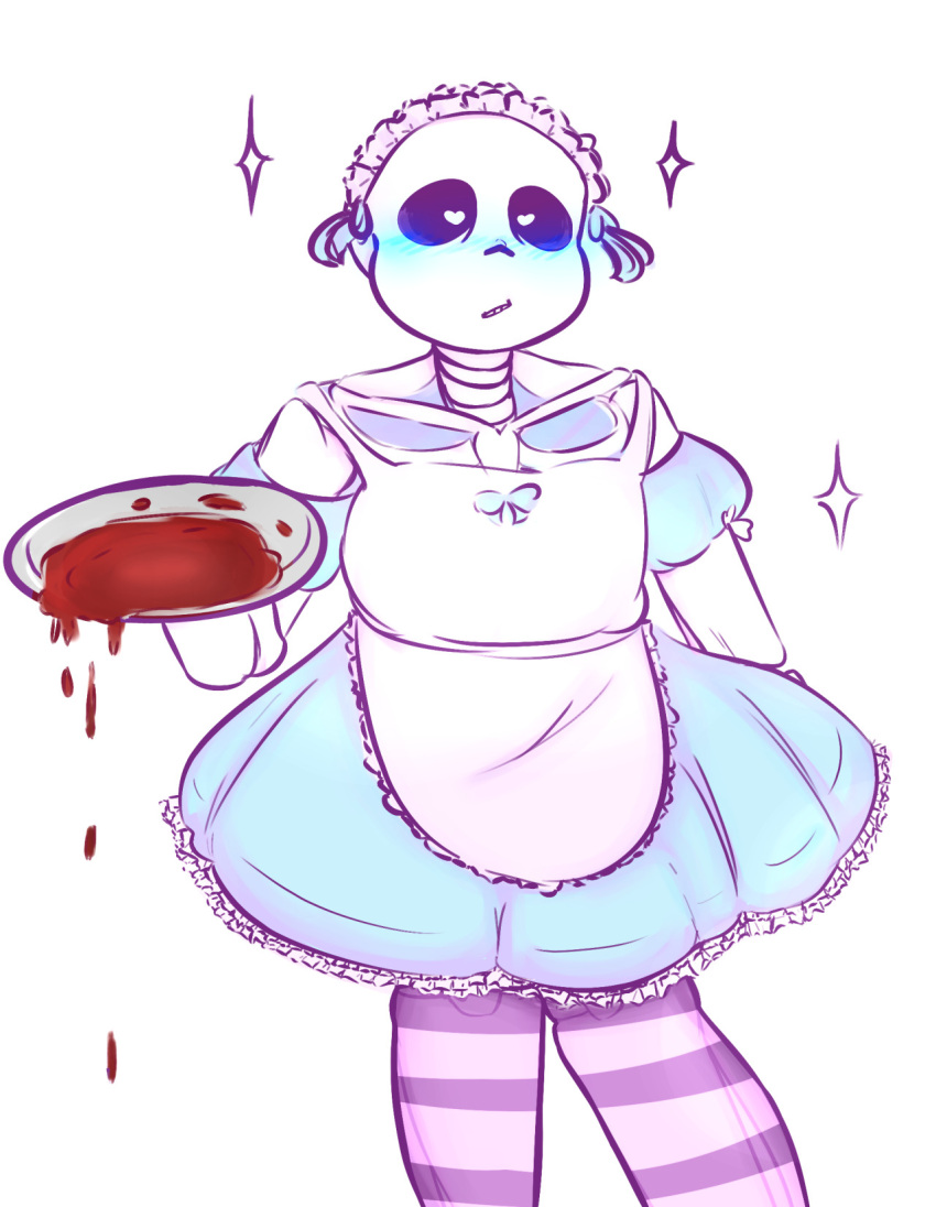 animated_skeleton blue_blush blush bottom_sans clothed heart-shaped_pupils heart_eyes holding_object maid_outfit maid_uniform sans sans_(undertale) skeleton spill spilling stockings stockings striped_legwear striped_stockings striped_thighhighs suckmytrombone uke_sans undead undertale undertale_(series)