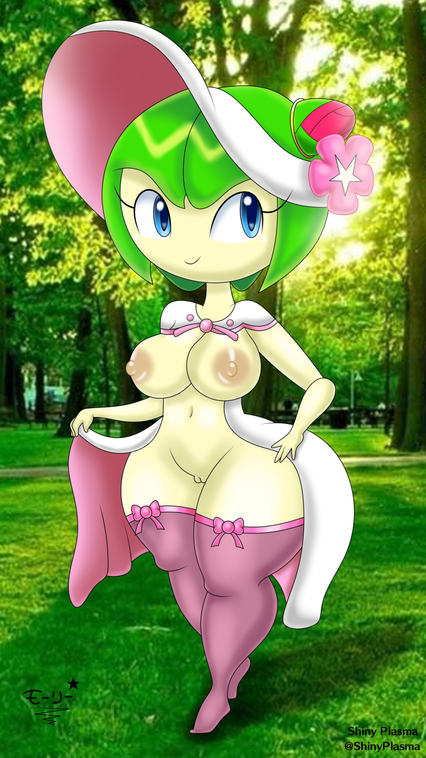 1girl 1girl 2023 2d alien alien_girl big_breasts blue_eyes breasts cosmo_the_seedrian cosplay crossover crossover_cosplay fashionable_style_gardevoir fashionable_style_gardevoir_(cosplay) female_only flower_in_hair forest gardevoir gardevoir_(cosplay) green_hair huge_breasts mostly_nude navel nintendo nipples no_bra no_panties park partially_clothed plant_girl pokemon pokemon_unite pussy seedrian sega sonic_the_hedgehog_(series) sonic_x stockings superstarplasma