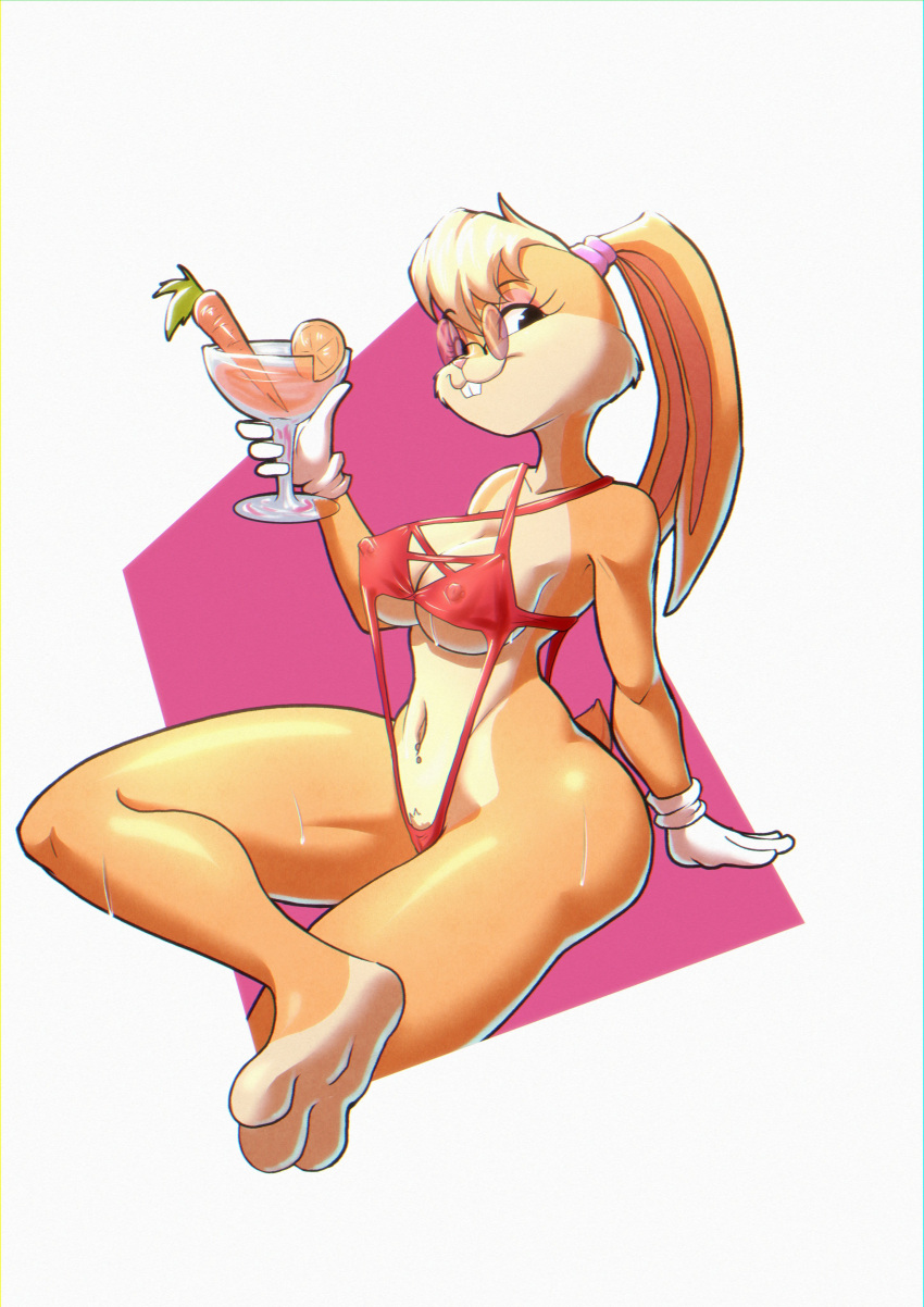 1girl 1girl 1girl alternate_version_available anthro beverage big_breasts breasts erect_nipples erect_nipples_under_clothes female_only furry holding holding_beverage lola_bunny looking_at_viewer looney_tunes navel nipples notilustregui one-piece_swimsuit pubic_hair rabbit red_swimsuit smile solo_female space_jam swimsuit warner_brothers