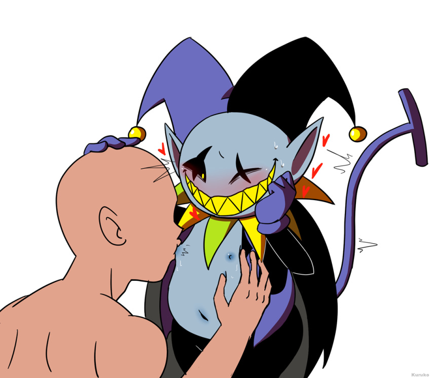 anon anonymous_male areola bald blush cape clothed clothing deltarune faceless_character faceless_male hand_on_body hand_on_head hat headgear heart humanoid imp jester jevil_(deltarune) kuruko_(artist) looking_down looking_pleasured male mostly_nude navel nipple_suck nipple_sucking nipples nude one_eye_closed pants pointy_ears sharp_teeth shirt slightly_chubby smile standing sweat teeth undertale_(series) video_games white_background yaoi yellow_eyes