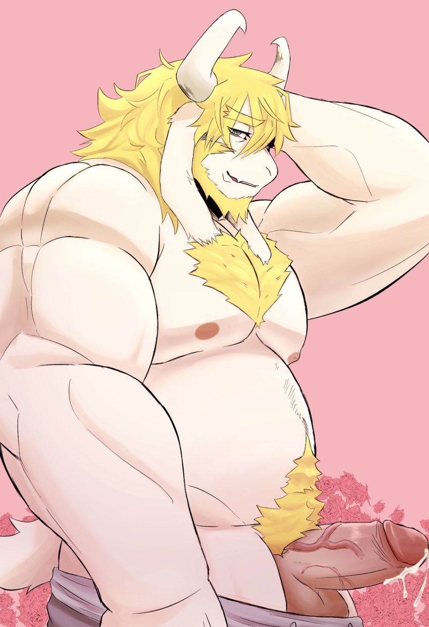 1boy anthro anthro_only asgore_dreemurr balls bara blonde_hair boner chubby chubby_male dad_bod deltarune erection facial_hair furry furry_male furry_only goat goat_horns hairy horns male male_anthro male_only muscles overweight overweight_male penis pink_background pkylblu precum solo solo_male testicles undertale undertale_(series) veiny_penis white_fur