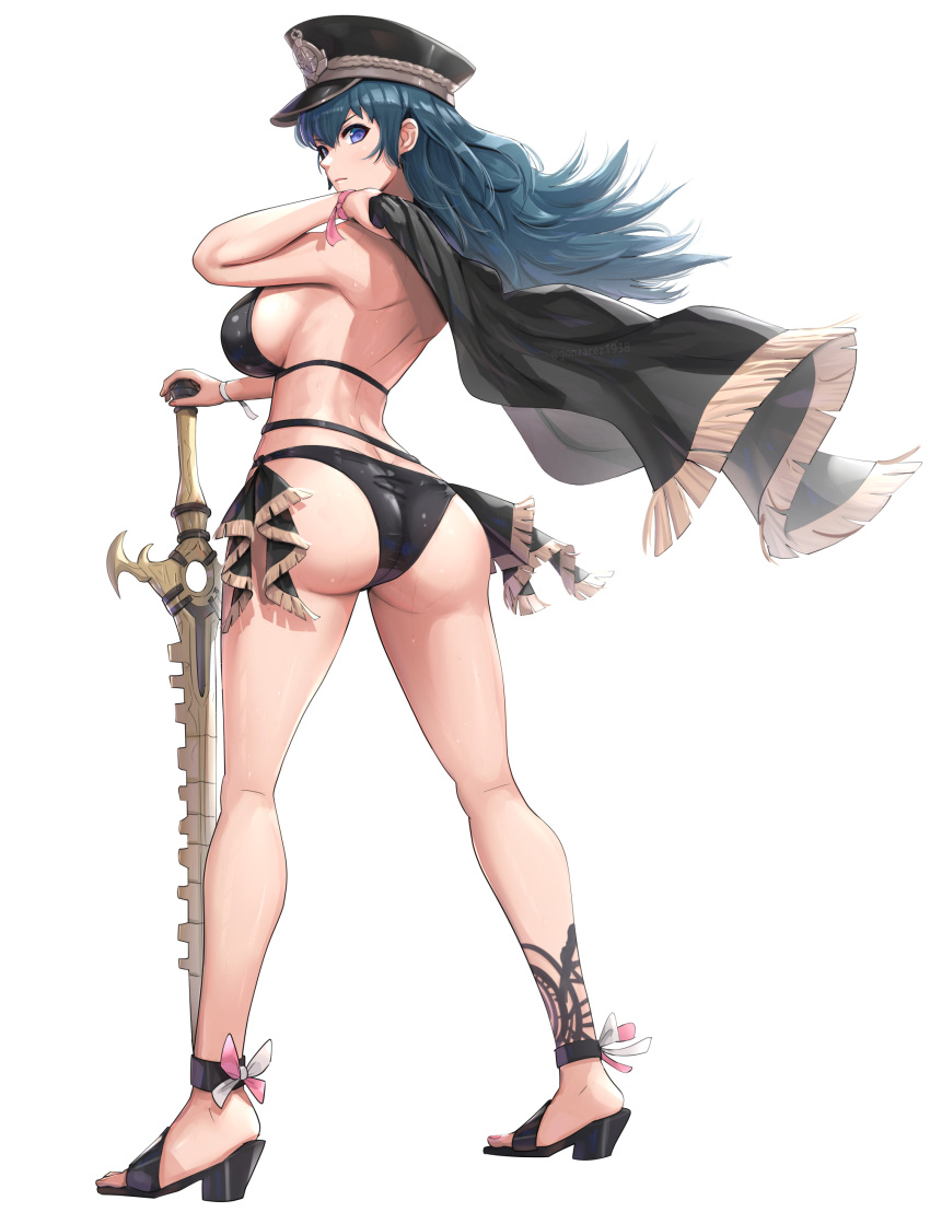 1girl 1girl 1girl absurd_res alluring alternate_costume alternate_version_available ass ass_focus back back_view big_breasts bikini black_bikini black_swimsuit blue_eyes blue_hair breasts byleth_(female) byleth_(female)_(fire_emblem) byleth_(fire_emblem) byleth_(fire_emblem)_(female) byleth_(summer)_(fire_emblem)_(female) female_only fire_emblem fire_emblem:_three_houses fire_emblem_heroes from_behind full_body gonzarez hat high_heels high_res long_hair long_legs looking_at_viewer looking_back nintendo official_alternate_costume revision shiny_skin sideboob simple_background standing swimsuit sword sword_of_the_creator thick_thighs weapon white_background