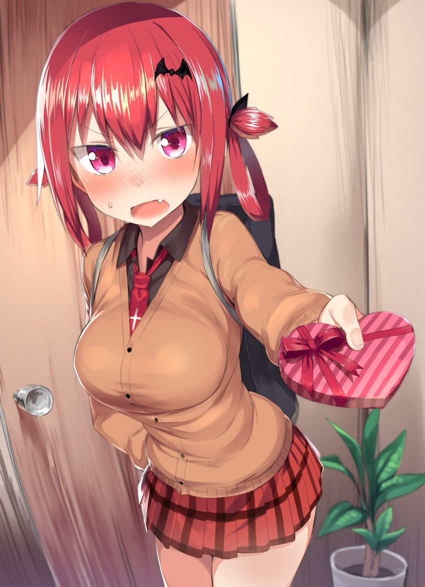 1girl 1girl absurd_res bat_hair_ornament big_breasts black_shirt blush box breasts cardigan collared_shirt commentary cross door fang gabriel_dropout gift gift_box greatmosu hair_ornament hair_rings heart-shaped_box high_res incoming_gift inverted_cross neck_tie open_mouth plaid plaid_skirt plant potted_plant red_hair satanichia_kurumizawa_mcdowell shirt skirt standing tsundere v-shaped_eyebrows valentine