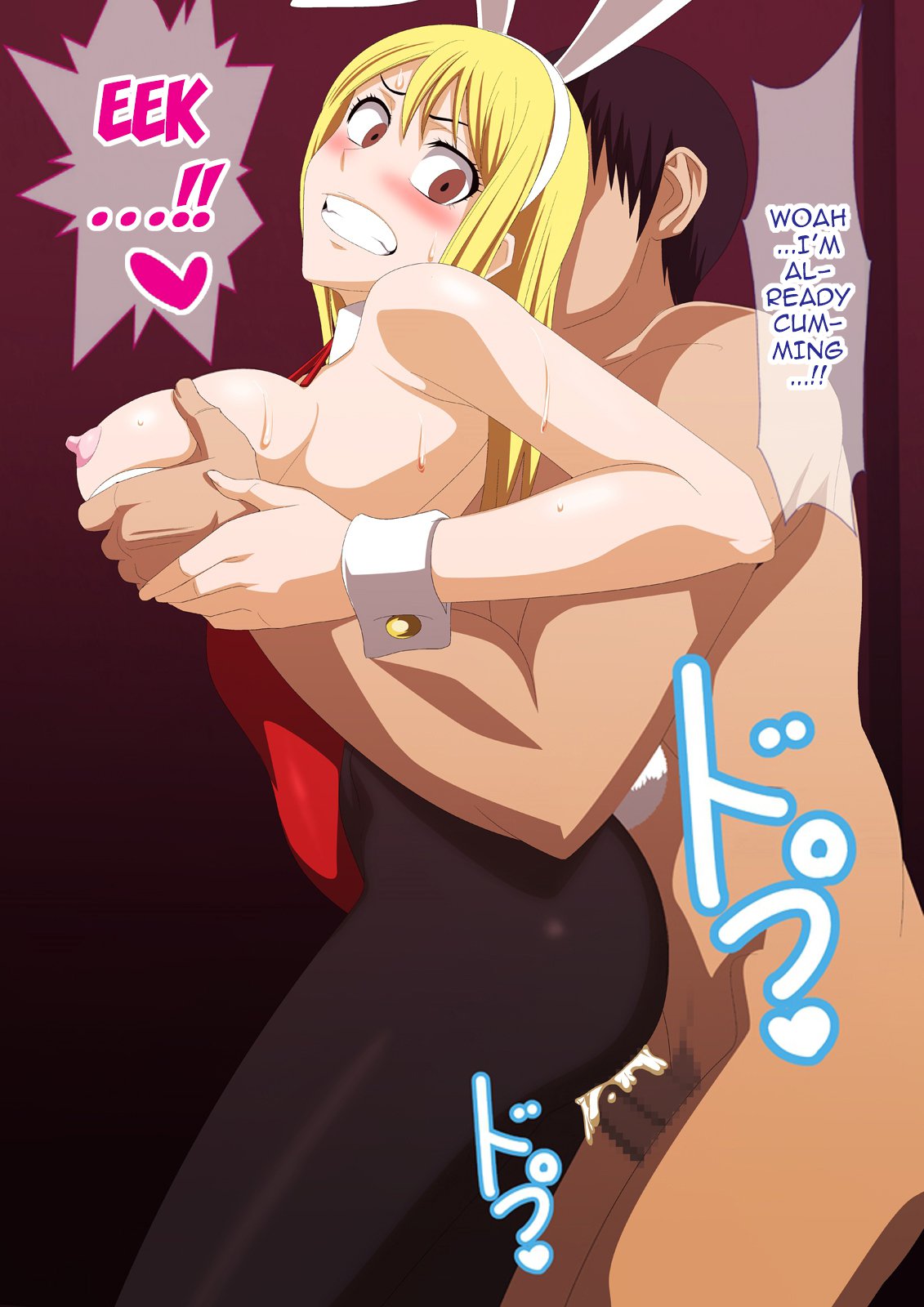 1boy 1girl ass big_breasts bikini blonde_hair blush breasts censored clenched_teeth clothing doggystyle erect_nipples erect_nipples_under_clothes eyes_closed fairy_tail female high_resolution lime_(purple_haze) lucy_heartfilia male nakadashi nipples penis semen sex swimsuit taken_from_behind teeth vaginal