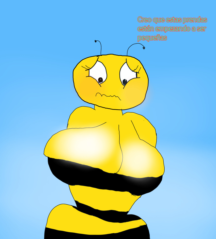 1girl apron apron_only bee big_breasts blush cherichou dialogue kryadrawgin lena_the_bee oleina rule34 russian_cooking_oil_commercial spanish_text speech_bubble stinger text thick_thighs thighs wide_hips wings yellow_body yellow_skin олейна