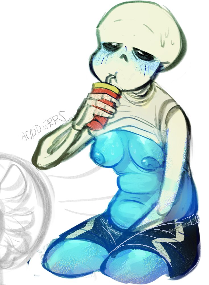 1girl acidd_grrs animated_skeleton blue_body blue_breasts blue_nipples blush breasts chubby chubby_female cooling_off drinking drinking_straw ectobody electric_fan female female_only female_sans genderbend genderbent genderswap genderswap_(mtf) heat monster nipples rule63 rule_63 sans sans_(undertale) shirt_up simple_background sitting skeleton solo solo_female sweat undead undertale undertale_(series) white_background