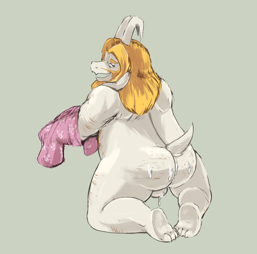 1_boy 1boy 1male 2023 anthro asgore_dreemurr ass backsack balls belly bodily_fluids body_hair boss_monster bovid caprine chubby chubby_male clothing cum cum_on_ass cum_on_butt digital_drawing_(artwork) digital_media_(artwork) facial_hair fur furry furry_male genital_fluids genitals goat grey_background hair high_res horn horns kneel long_ears looking_at_viewer looking_back male male_anthro male_focus male_only mammal monster moustache overweight overweight_male paws simple_background smile solid_color_background solo_male spunkerart tail testicles undertale undertale_(series) white_body white_fur