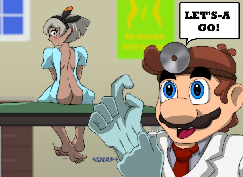 1boy 1girls absurd_res ass bea_(pokemon) blush butt_crack dialogue doctor dr._mario dr._mario_(series) embarrassed embarrassed_nude_female enf examination feet gloves gray_hair hospital_gown mario mario_(series) pokemon saitou_(pokemon) silver_eyes soles superslogger table toes weird_crossover wide_eyed