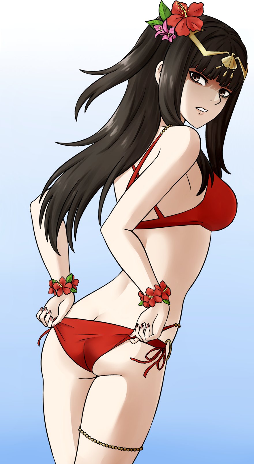 1girl 1girl 1girl alluring alternate_costume ass bikini female_only fire_emblem fire_emblem_awakening fire_emblem_heroes nintendo official_alternate_costume red_bikini red_swimsuit swimsuit tharja tharja_(fire_emblem) tharja_(summer)_(fire_emblem) vallurite