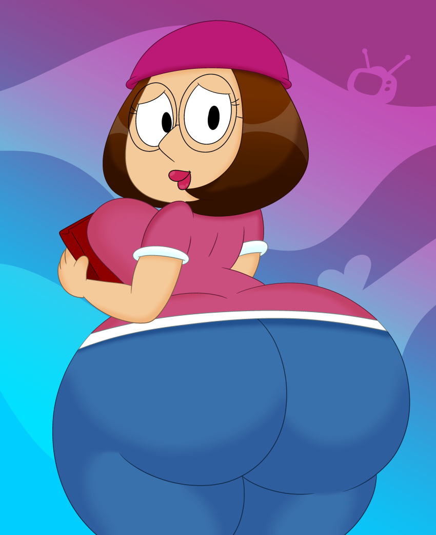 1girl 3barts ass backboob breasts family_guy holding_book meg_griffin shy