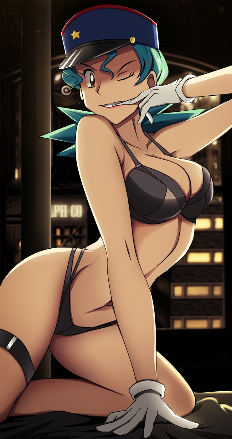 1girl alluring ass black_panties bra breasts cleavage clothed clothing deviantart eye_contact gloves green_hair handwear hat headwear human human_only lingerie lipstick looking_at_viewer nintendo officer_jenny officer_jenny_(pokemon) one_eye_closed panties pokemon pokemon_rgby police thigh_gap thighband underwear uniform vivivoovoo wide_hips