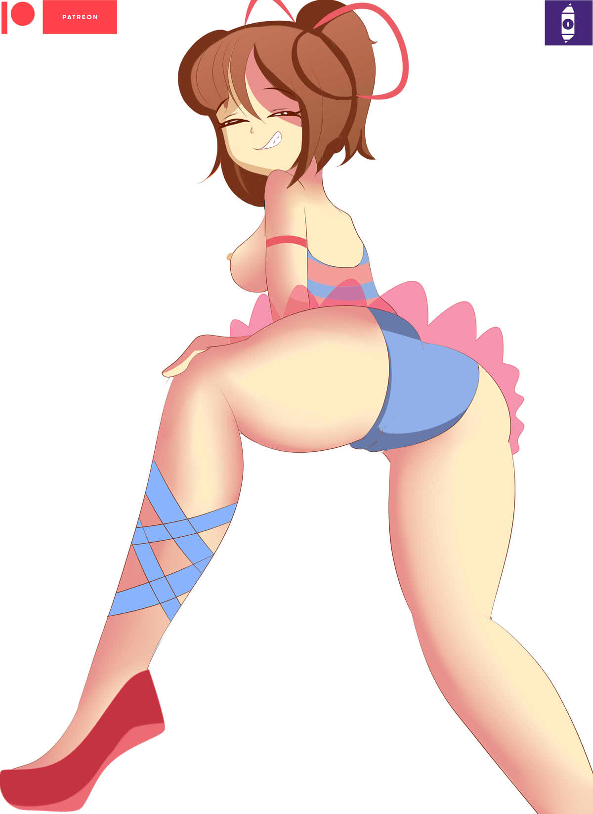 1girl artist_logo ass ass_focus ass_up ballerina ballet_shoes breasts brown_eyes brown_hair closed_eyes dancetale female female_frisk female_human female_only frisk frisk_au frisk_female hair_between_eyes human human_only indigopencil nipple patreon ponytail preview short_hair sideboob smile smiling_at_viewer solo tutu undertale undertale_au white_background