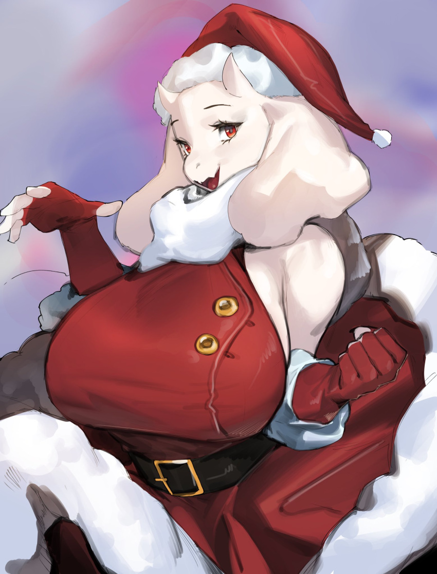 1_girl 1girl anthro anthro_only big_breasts boss_monster breasts christmas christmas_clothing christmas_hat christmas_outfit clothed clothing female female_anthro female_only fur furry furry_female furry_only gloves goat gradient_background hi_res holidays horns long_ears mature mature_anthro mature_female milf monster monster_girl red_clothes red_clothing red_eyes red_gloves santa_costume santa_hat solo solo_female toriel undertale undertale_(series) white_fur woobin94