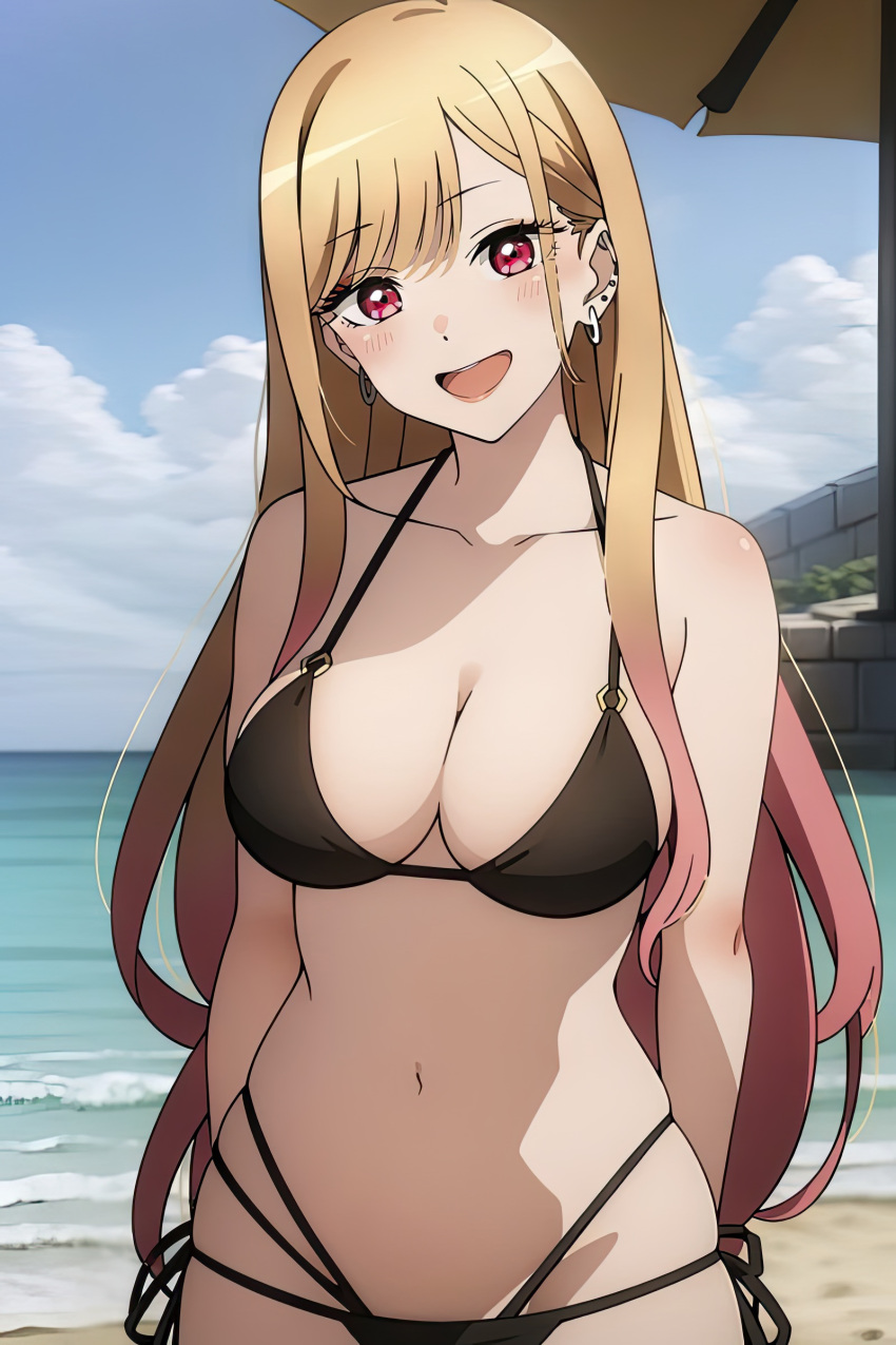 1girl 1girl 1girl alluring arms_behind_back beach big_breasts bikini black_bikini blonde_hair breasts cleavage female_only kitagawa_marin legs long_hair looking_at_viewer navel ocean pink_eyes sono_bisque_doll_wa_koi_wo_suru swimsuit thighs voluptuous water zengai