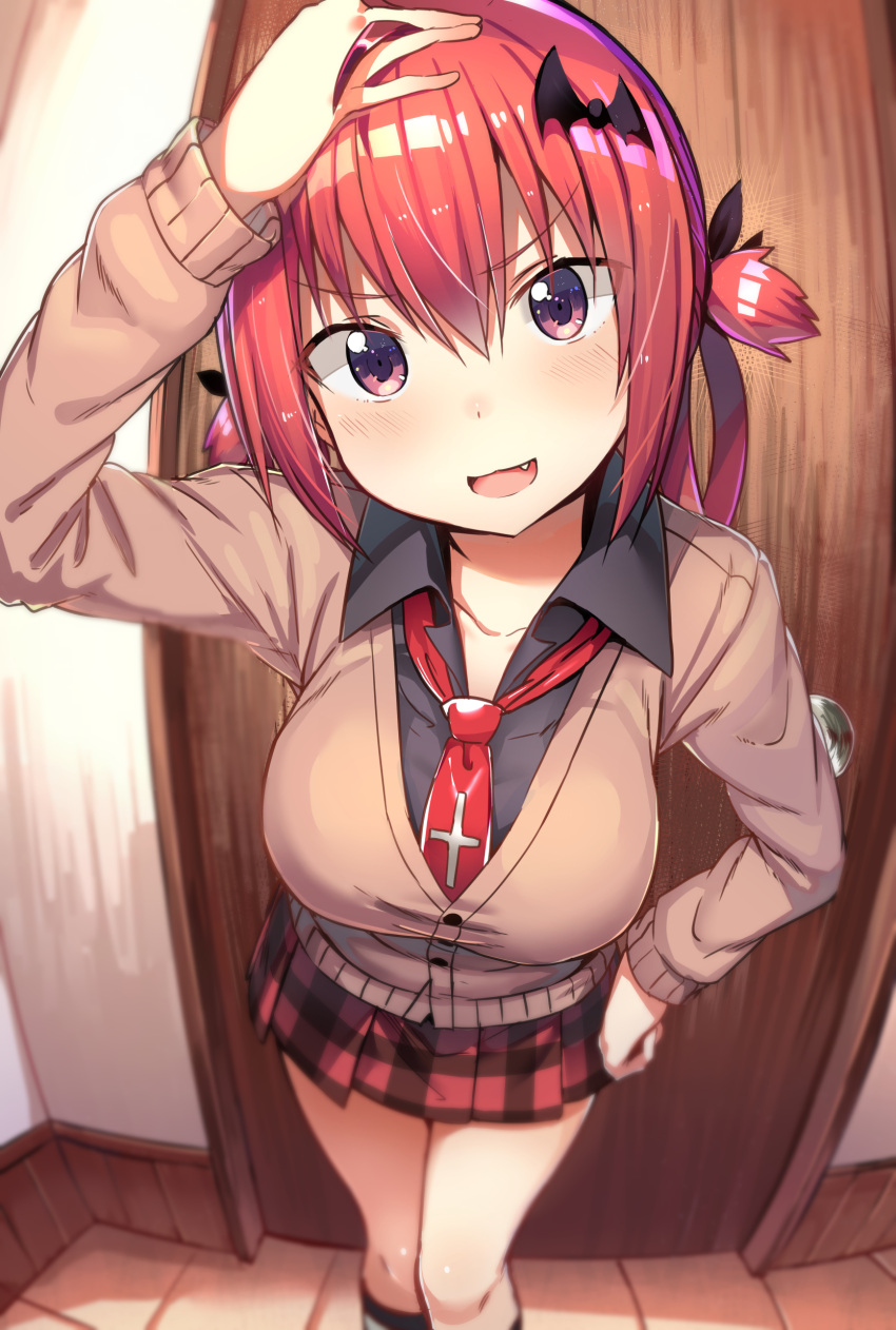 1girl 1girl :3 :d absurd_res ahoge arm_up big_breasts black_shirt blurry breasts cardigan collarbone collared_shirt commentary_request contrapposto depth_of_field door doyagao dress_shirt fang feet_out_of_frame fisheye foreshortening from_above gabriel_dropout greatmosu hair_between_eyes hair_ornament hand_in_own_hair hand_on_headwear high_res indoors kneehighs leaning_forward long_hair looking_at_viewer miniskirt neck_tie open_mouth plaid plaid_skirt pleated_skirt purple_eyes red_hair satanichia_kurumizawa_mcdowell school_uniform shirt short_twintails sidelocks skirt smile smug socks taut_clothes twin_tails two_side_up wing_collar