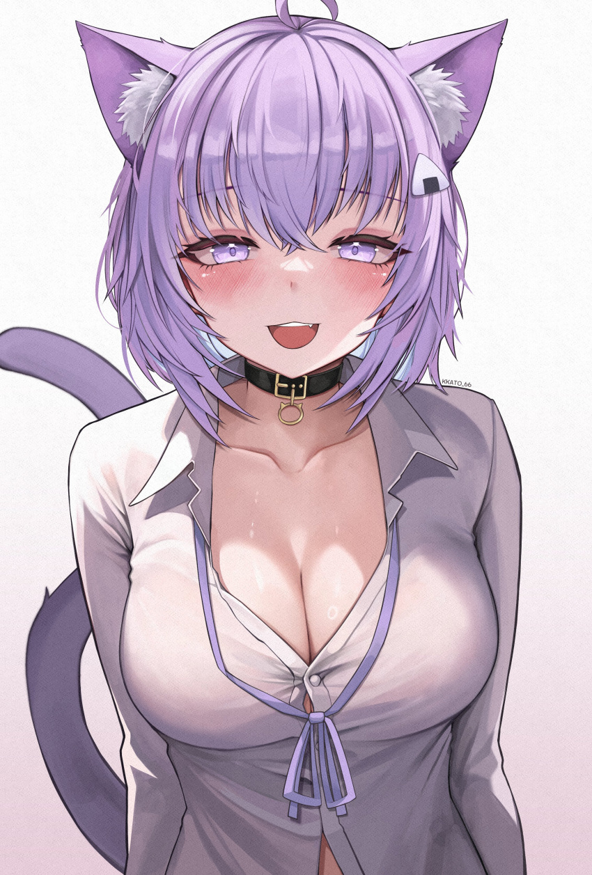 1girl 1girl absurd_res ahoge animal_ear_fluff animal_ears arms_at_sides big_breasts black_collar blush breasts button_gap cat_ears cat_tail cleavage collar collarbone collared_shirt commentary crossed_bangs dress_shirt food-themed_hair_ornament gradient_background hair_between_eyes hair_ornament high_res hololive kkato long_sleeves looking_at_viewer medium_hair naked_shirt neck_ribbon nekomata_okayu nekomata_okayu_(4th_costume) onigiri_hair_ornament open_mouth purple_eyes purple_hair purple_ribbon ribbon shirt sweat symbol-only_commentary tail teeth upper_body upper_teeth_only virtual_youtuber white_background white_shirt