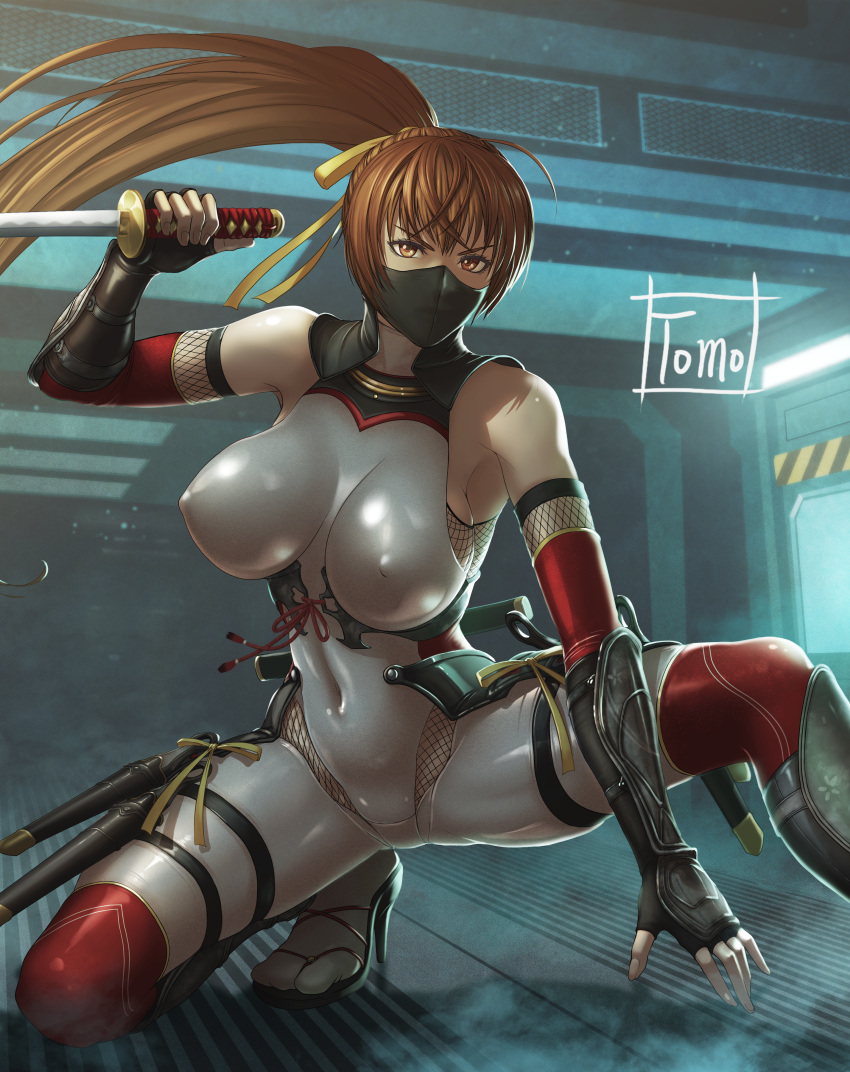 1girl 1girl absurd_res alluring artist_name big_breasts black_gloves bodysuit breasts brown_eyes brown_hair covered_erect_nipples covered_navel dead_or_alive dead_or_alive_2 dead_or_alive_3 dead_or_alive_4 dead_or_alive_5 dead_or_alive_6 dead_or_alive_xtreme dead_or_alive_xtreme_2 dead_or_alive_xtreme_3_fortune dead_or_alive_xtreme_beach_volleyball dead_or_alive_xtreme_venus_vacation female_focus fingerless_gloves fishnets gloves grey_bodysuit hair_ribbon high_heel_sandals high_heels high_res holding holding_sword holding_weapon kasumi kasumi_(doa) long_hair looking_at_viewer mask matching_hair/eyes ninja ponytail ribbon sandals signature skin_tight sword tecmo thigh_strap tomo_eokaiteru weapon yellow_ribbon