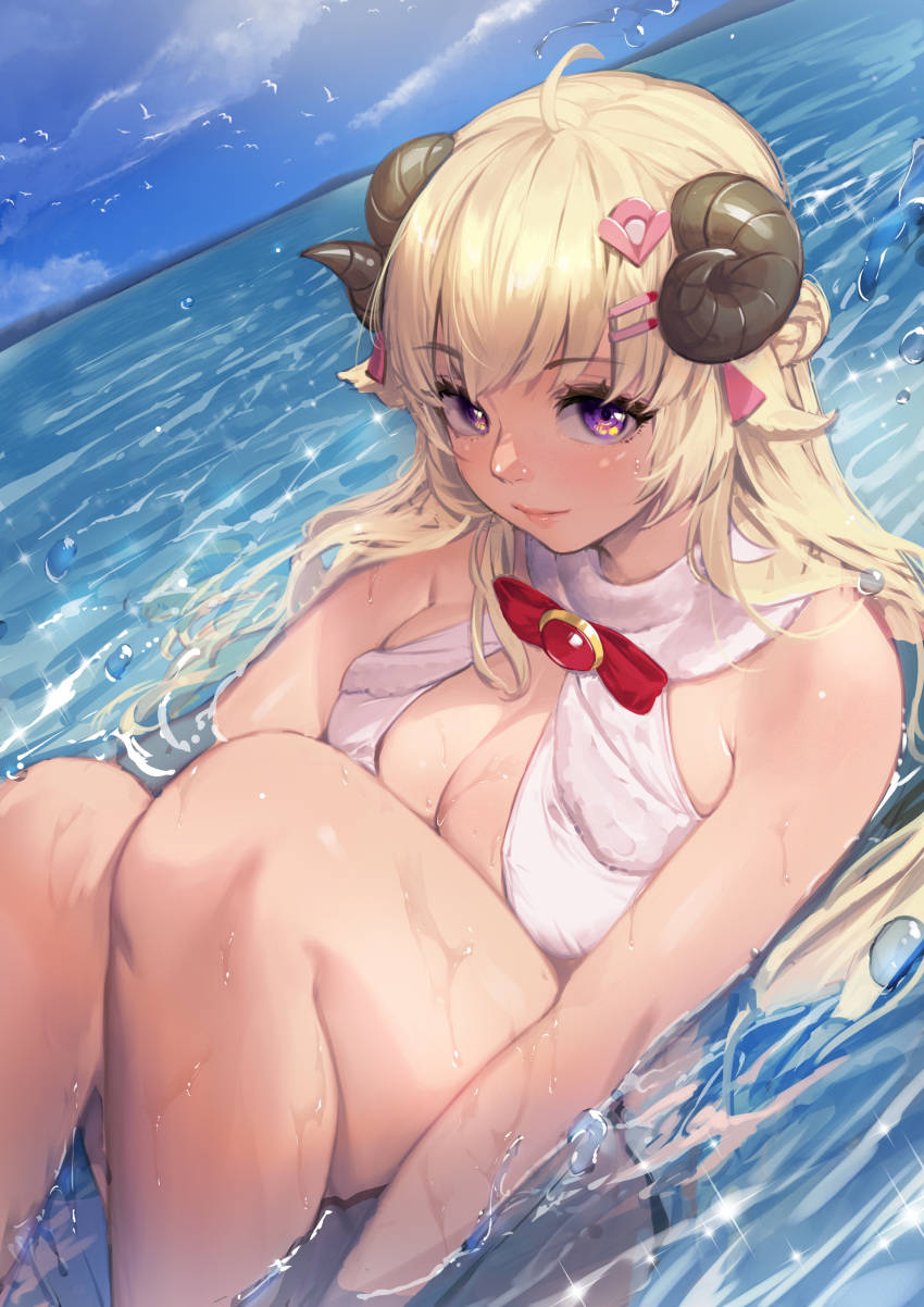 1girl 1girl absurd_res animal_ears big_breasts bikini blonde_hair blue_sky braid breasts closed_mouth cloud commentary day hair_ornament hairclip half_updo high_res hololive horns long_hair looking_at_viewer ocean outside purple_eyes sheep_ears sheep_girl sheep_horns sitting sky swimsuit takami_masahiro tsunomaki_watame virtual_youtuber water wet white_bikini