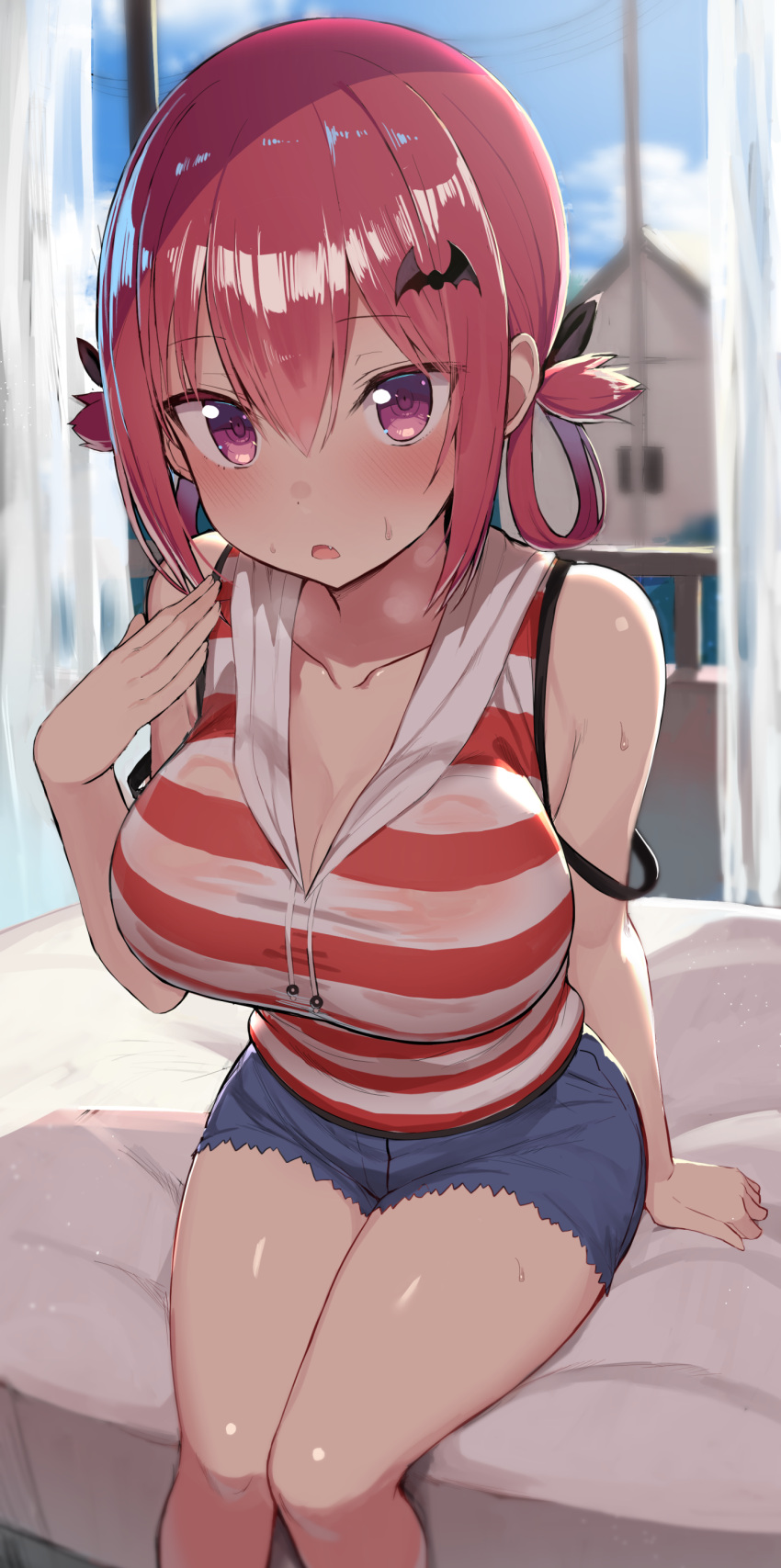 1girl 1girl absurd_res arm_support armpit_crease bare_arms bare_shoulders big_breasts blue_shorts breasts breath cleavage collarbone commentary_request curtains cutoffs drawstring fang gabriel_dropout greatmosu hair_ornament hair_ribbon hair_rings hand_up high_res indoors looking_at_viewer open_mouth red_eyes red_hair red_shirt ribbon satanichia_kurumizawa_mcdowell see-through shirt short_shorts shorts sitting sleeveless sleeveless_shirt striped striped_shirt sweat thighs wet wet_clothes wet_shirt window
