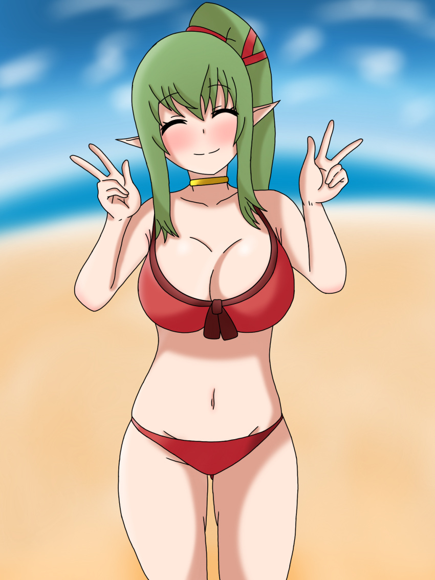 1girl 1girl alluring alternate_costume ass_visible_through_thighs bare_thighs beach big_breasts big_breasts bikini blush breasts cleavage closed_eyes days double_v female_only fire_emblem fire_emblem_awakening fire_emblem_heroes green_hair nintendo ocean official_alternate_costume outside peace_sign pointy_ears ponytail red_bikini red_swimsuit sand smile swimsuit thighs tiki_(adult)_(fire_emblem) tiki_(adult)_(summer)_(fire_emblem) tiki_(fire_emblem) v