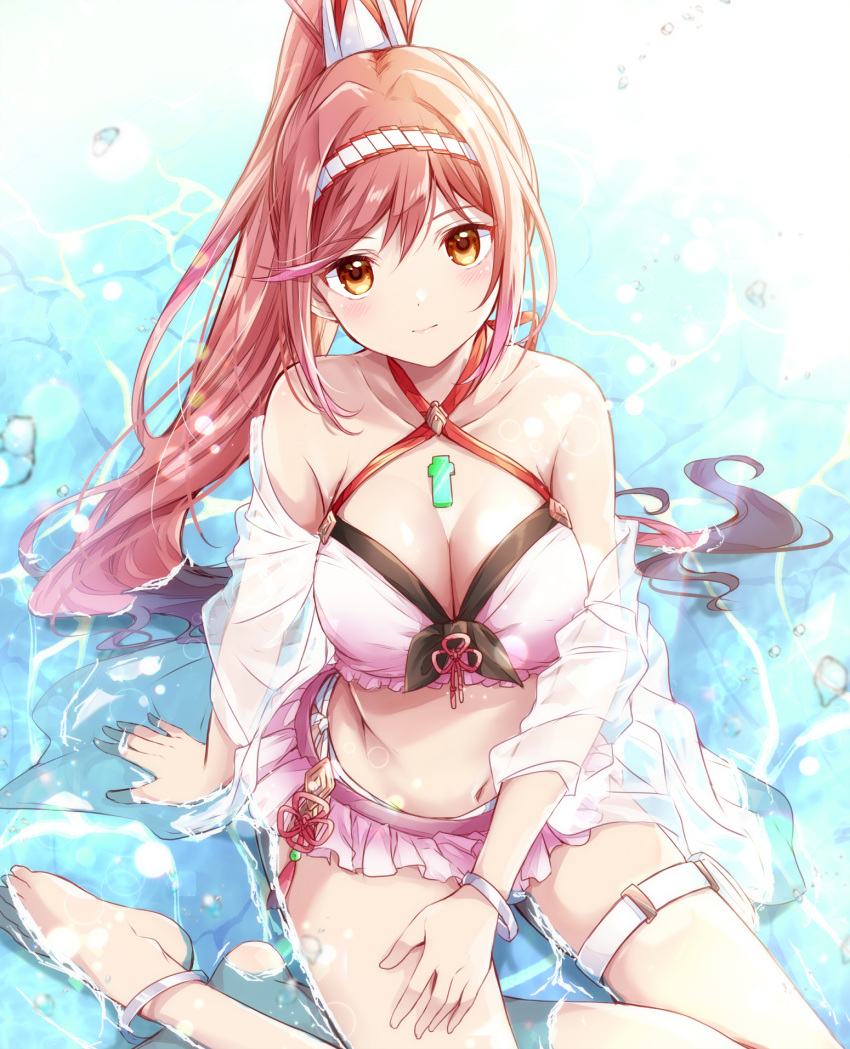 1girl 1girl alluring bare_shoulders big_breasts bikini blush breasts chest_jewel cleavage criss-cross_halter frilled_bikini frills front-tie_bikini_top front-tie_top full_body gem glimmer_(xenoblade) hair_ornament halterneck headband high_res leglet light_blush light_smile lips long_hair looking_at_viewer navel pink_bikini ponytail red_hair ripples see-through see-through_shirt shirt side-tie_bikini_bottom sitting_on_water smile swimsuit ui_frara water wet wet_clothes wet_shirt xenoblade_chronicles_(series) xenoblade_chronicles_3 yellow_eyes