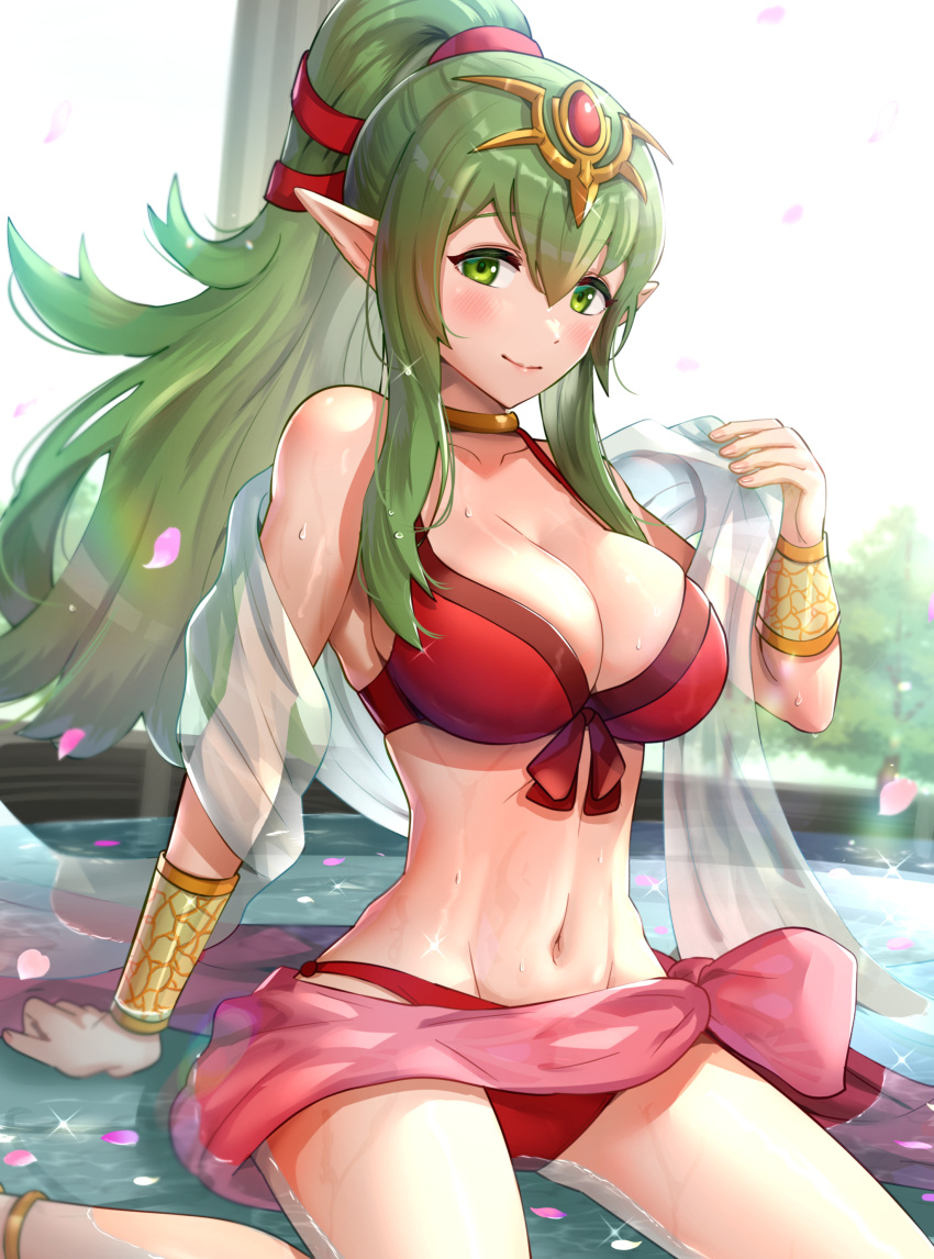 1girl 2021 absurd_res alluring alternate_costume arm_support bangs bare_shoulders big_breasts bikini blush bracelet breasts cleavage closed_mouth collarbone commentary female_only fire_emblem fire_emblem_awakening fire_emblem_heroes gonzarez green_eyes green_hair high_res jewelry light-skinned_female light_skin lips long_hair looking_at_viewer medium_breasts nintendo partially_submerged petals pointy_ears ponytail red_bikini red_swimsuit sarong shiny shiny_hair shiny_skin simple_background sitting smile solo_female swimsuit tiara tied_hair tiki_(adult)_(fire_emblem) tiki_(adult)_(summer)_(fire_emblem) tiki_(fire_emblem) wariza water water_drop wet