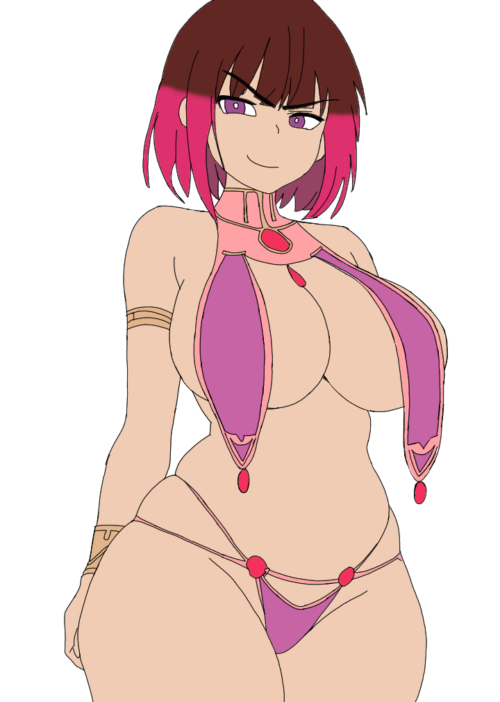 1girl 2023 bete_noire betty_noire big_breasts breasts brown_hair clothing female_only frown glitchtale harem_outfit looking_at_viewer pink_hair pink_highlights pink_nipples pixiv purple_eyes revealing_clothes skimpy slave_bikini sole_female solo_female tagme thong undertale undertale_(series) undertale_au undertale_fanfiction white_background