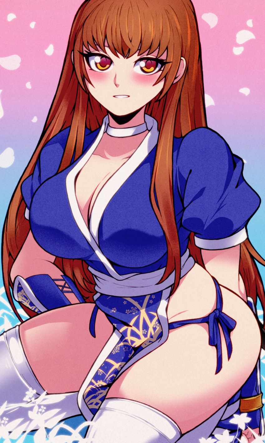 1girl absurd_res aquamarinesss beautiful big_breasts blush brown_eyes brown_hair cleavage dead_or_alive fuckable high_res hot insanely_hot kasumi_(doa) looking_at_viewer naked_under_clothes no_bra no_panties no_underwear nude_underneath pelvic_curtain sexy smile