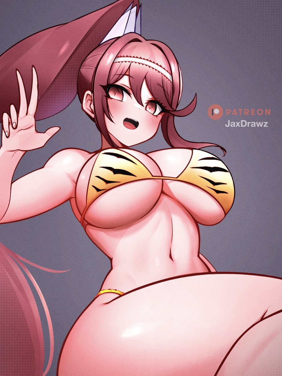 1girl alluring alternate_costume animal_print artist_name big_breasts bikini blush breasts cleavage commentary english_commentary eyelashes feet_out_of_frame glimmer_(xenoblade) grey_background hair_ornament hand_up high_ponytail high_res jaxdrawz looking_at_viewer micro_bikini navel open_mouth patreon_logo print_bikini red_eyes red_hair sidelocks swept_bangs swimsuit thighs tiger_print xenoblade_chronicles_(series) xenoblade_chronicles_3 xenoblade_chronicles_3:_future_redeemed yellow_bikini