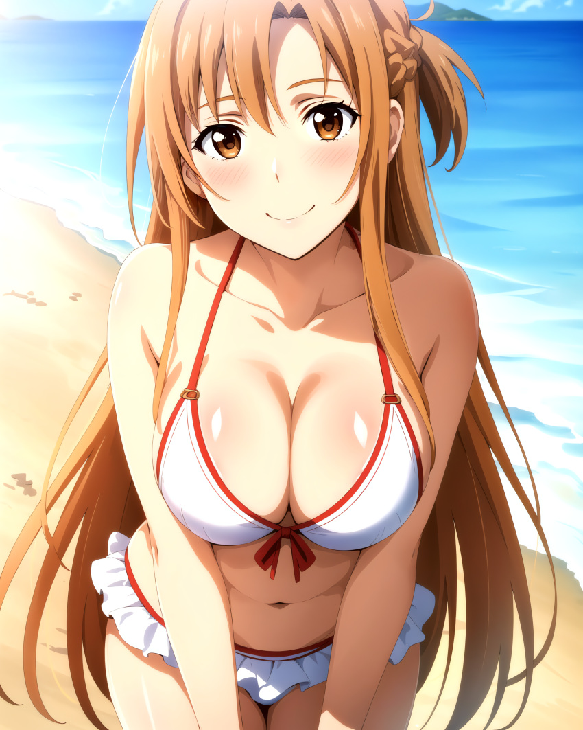 1girl alluring asuna_(sao) auburn_hair beach big_breasts bikini blue_sky brown_eyes cleavage joker_(artist) ocean sword_art_online