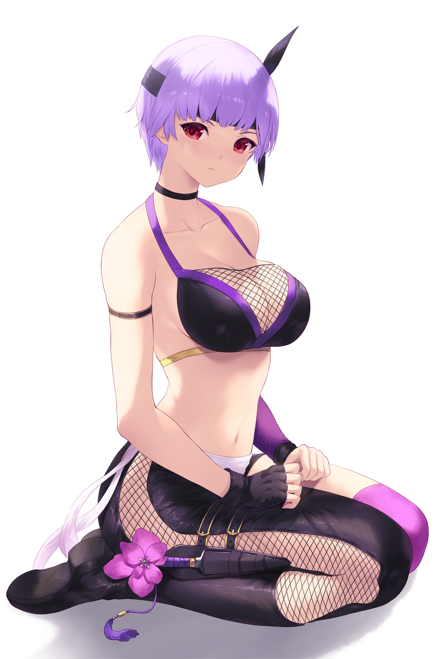 1girl alluring asymmetrical_legwear ayane_(doa) big_breasts black_choker black_footwear black_gloves black_headband boots breasts cait_aron choker cleavage closed_mouth collarbone dead_or_alive dead_or_alive_2 dead_or_alive_3 dead_or_alive_4 dead_or_alive_5 dead_or_alive_6 dead_or_alive_xtreme dead_or_alive_xtreme_2 dead_or_alive_xtreme_3_fortune dead_or_alive_xtreme_beach_volleyball dead_or_alive_xtreme_venus_vacation fingerless_gloves flower full_body gloves headband high_res kunoichi looking_at_viewer mismatched_legwear navel pink_thighhighs purple_hair red_eyes short_hair silf simple_background sitting stockings wariza white_background